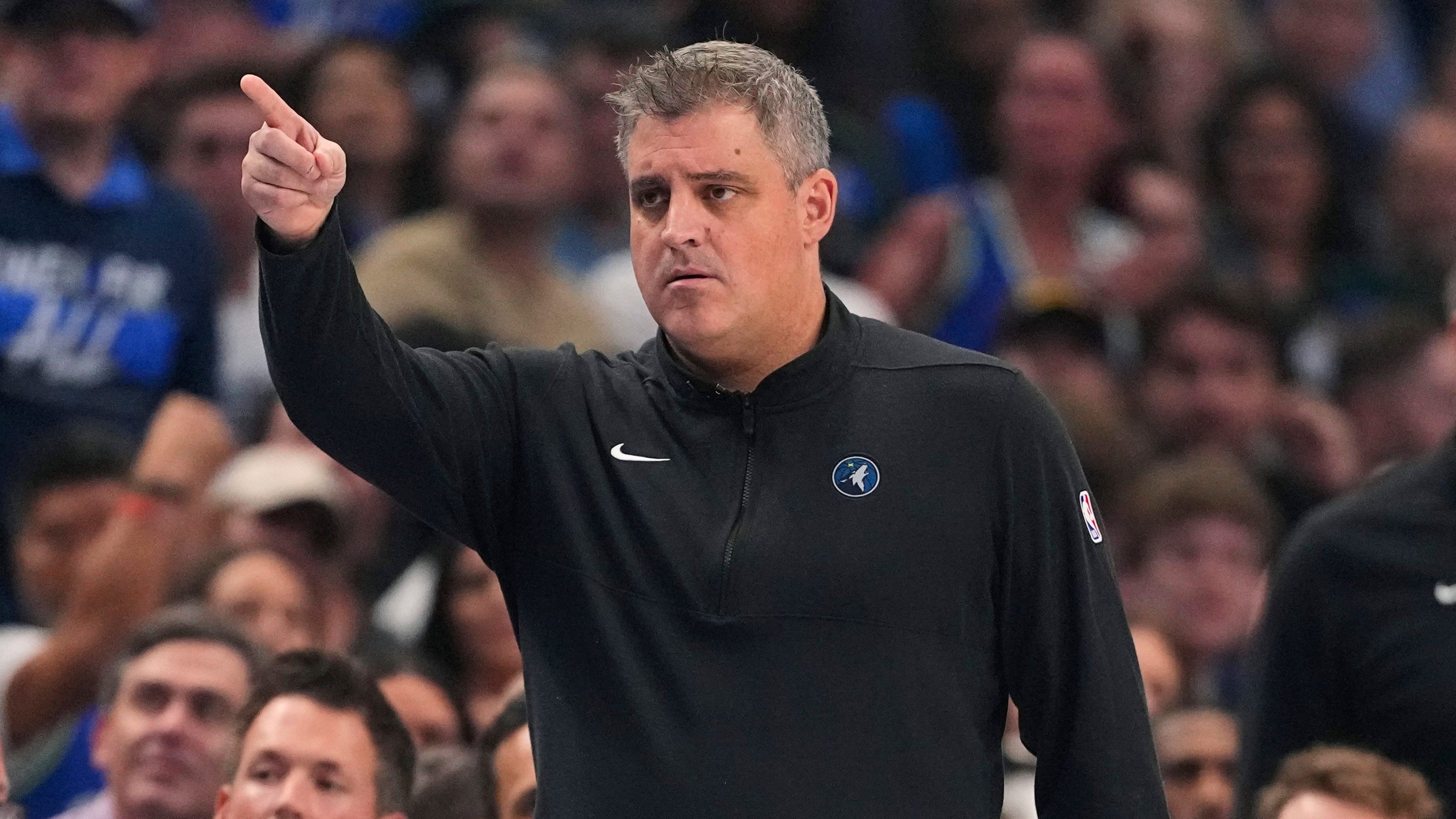 FILE - Micah Nori, the lead assistant coach of the Minnesota Timberwolves, directs play during the first half in Game 3 of the NBA basketball Western Conference finals against the Dallas Mavericks, May 26, 2024, in Dallas. (AP Photo/Julio Cortez, File)