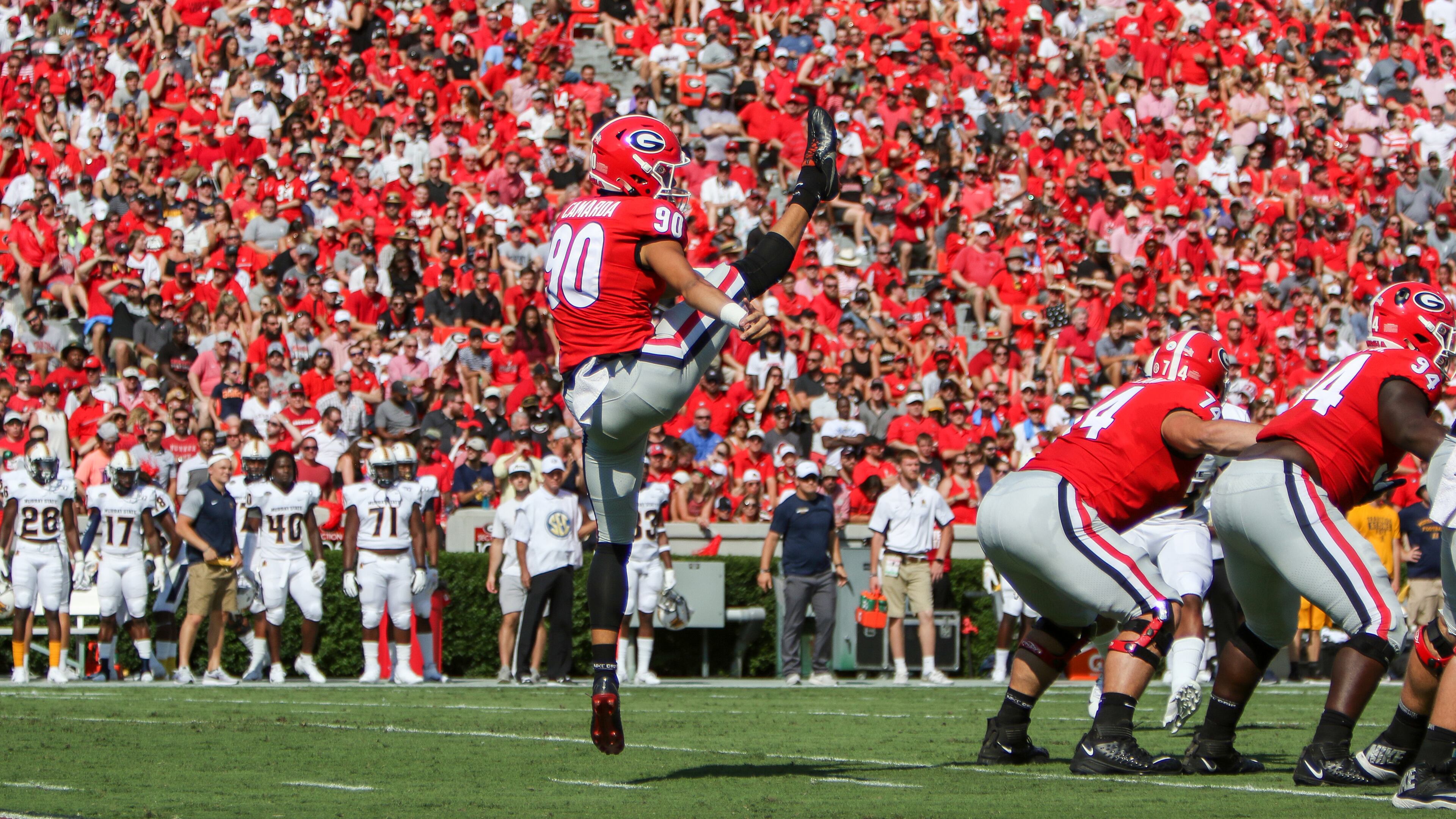 Georgia punter Jake Camarda (90) during the Bulldogs' game against the Murray State Racers on Dooley Field at Sanford Stadium in Athens, Ga., on Sat., Sept. 7, 2019. (Photo by Chamberlain Smith)