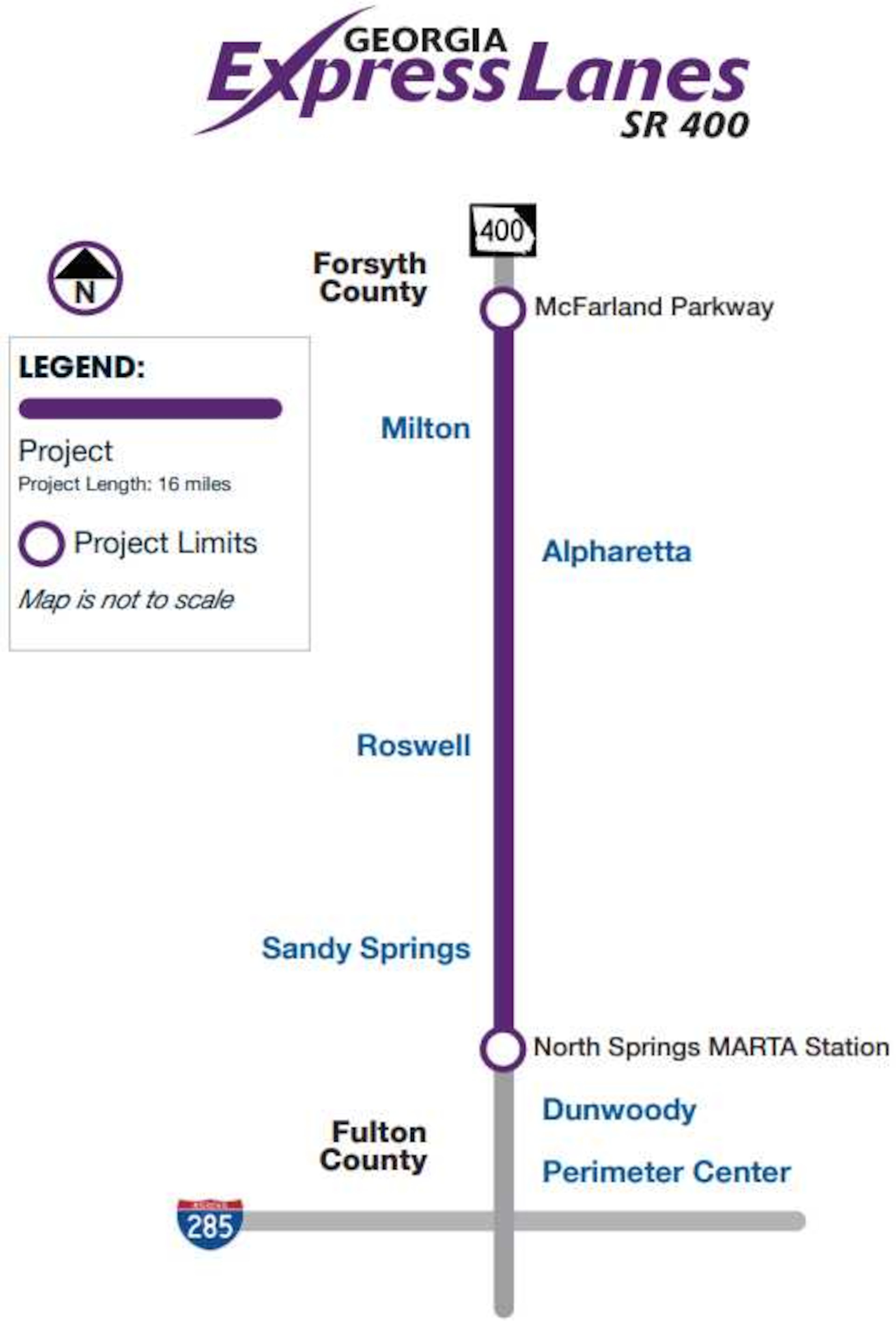 Here's the map showing where, under this proposal, the new Ga. 400 express lanes would be located. (Courtesy: Georgia Department of Transportation)