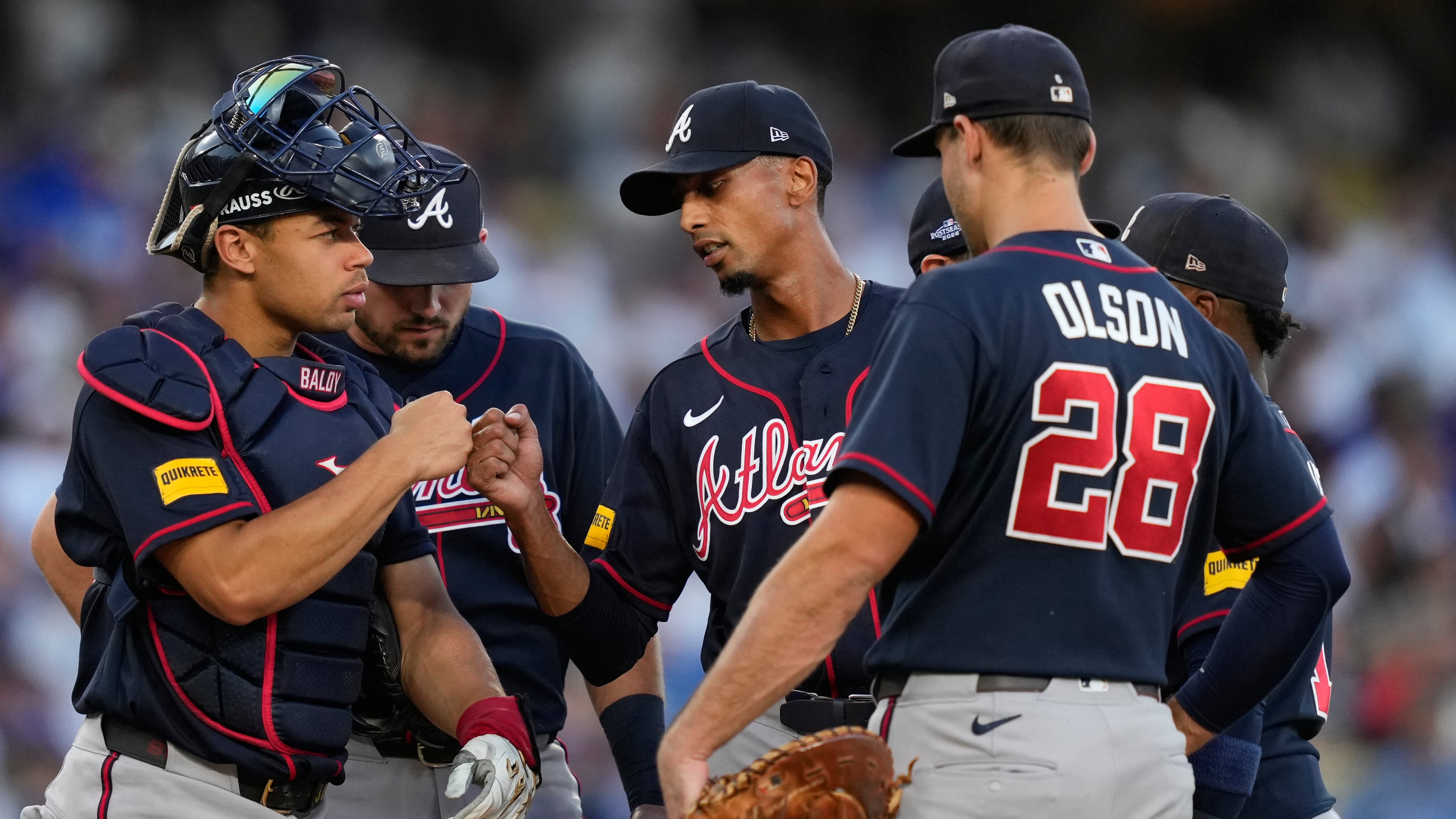 Atlanta Braves' Ray Kerr (center) got a second postseason start. He performed well in Game 3 of the Wild Card Series, and was put in to start Game 2 of the NLDS. (Mark J. Terrill/AP)