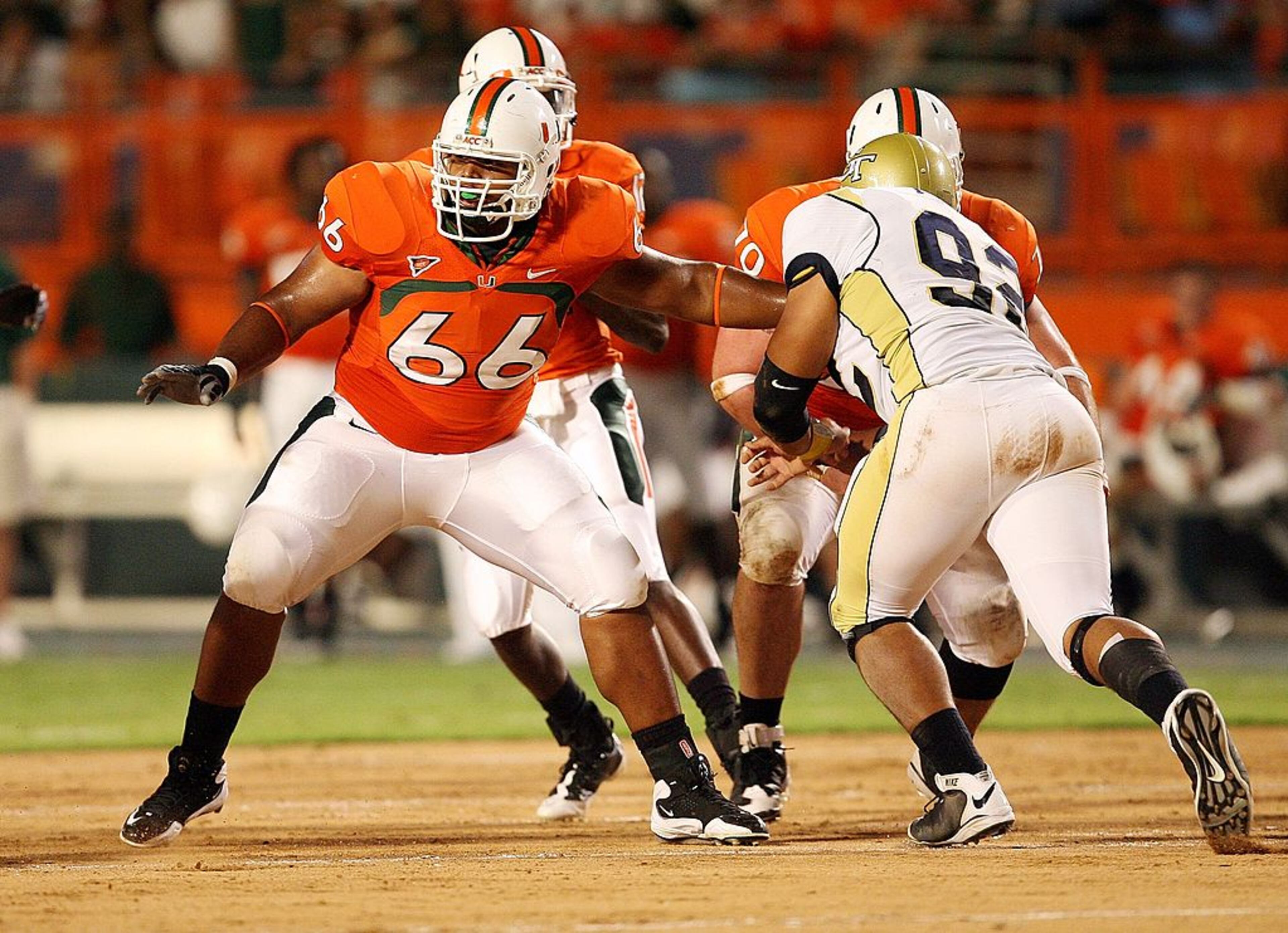 Playing in its third game in 13 days, Georgia Tech lost 33-17 to Miami September 17, 2009 in Miami Gardens, Florida. Tech’s 95 rushing yards gained that night is tied for the third lowest total in coach Paul Johnson’s tenure. (Photo by Doug Benc/Getty Images)