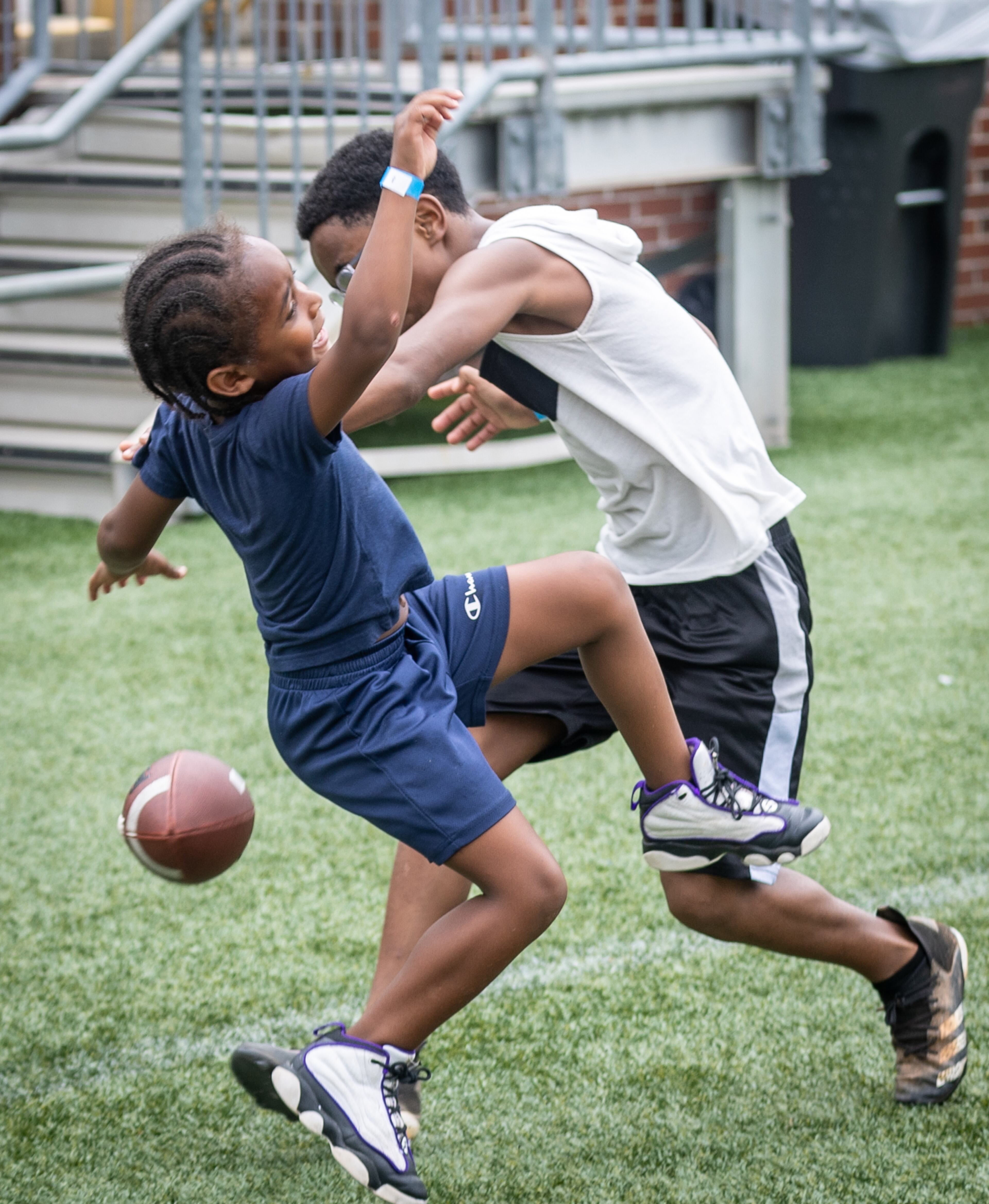 Omar Zachery (left) and Major Drummer battle for a pass during Georgia Tech football’s annual First Saturday on The Flats at Bobby Dodd Stadium on July 27, 2024. (Steve Schaefer / AJC)