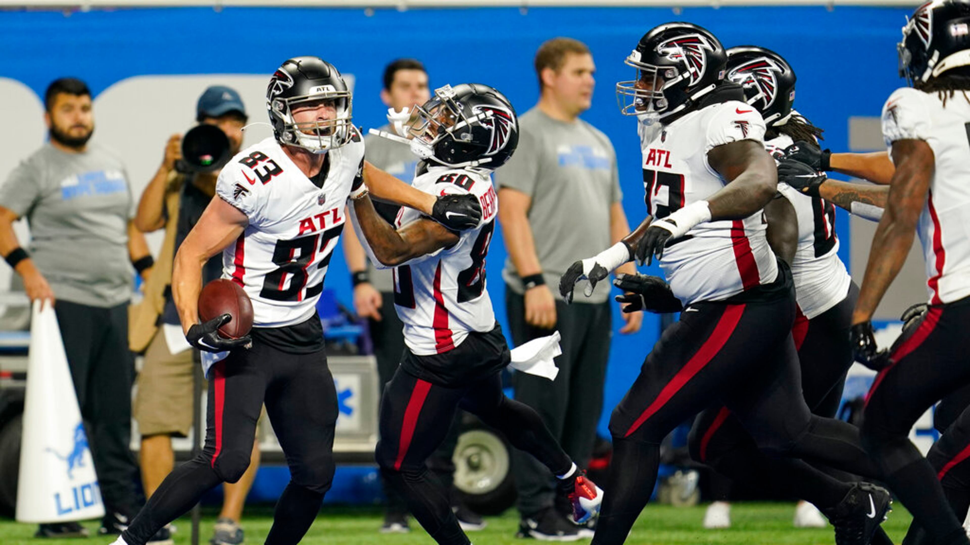 Atlanta Falcons wide receiver Jared Bernhardt reacts after his 21-yard pass for a touchdown during the second half of a preseason NFL football game against the Detroit Lions, Friday, Aug. 12, 2022, in Detroit. (AP Photo/Paul Sancya)