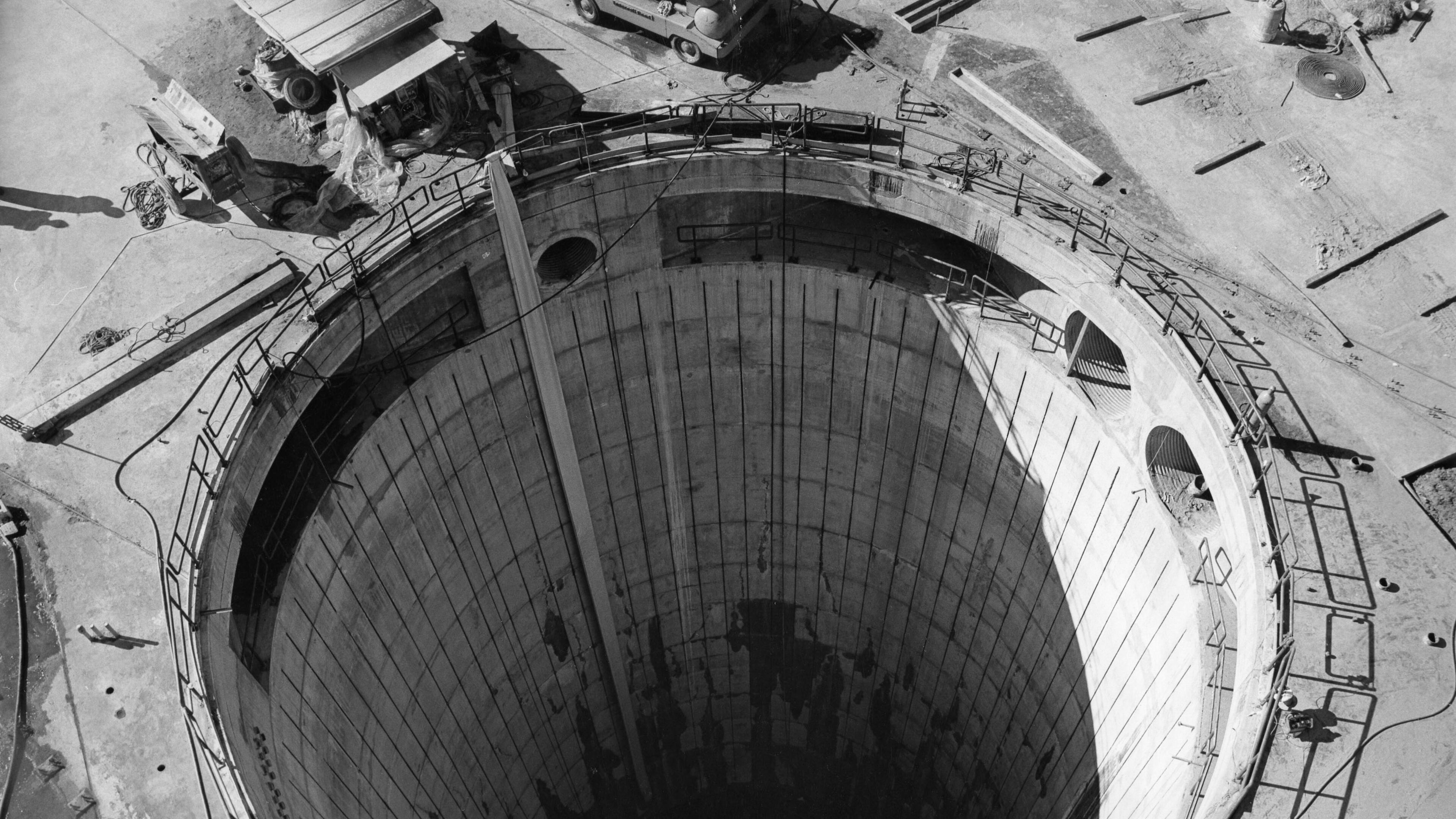 The Thiokol Chemical Corp. firing pit, aerial view, in 1964. The former rocket testing site is now the location of the proposed Spaceport Camden. Wooster, Kirk