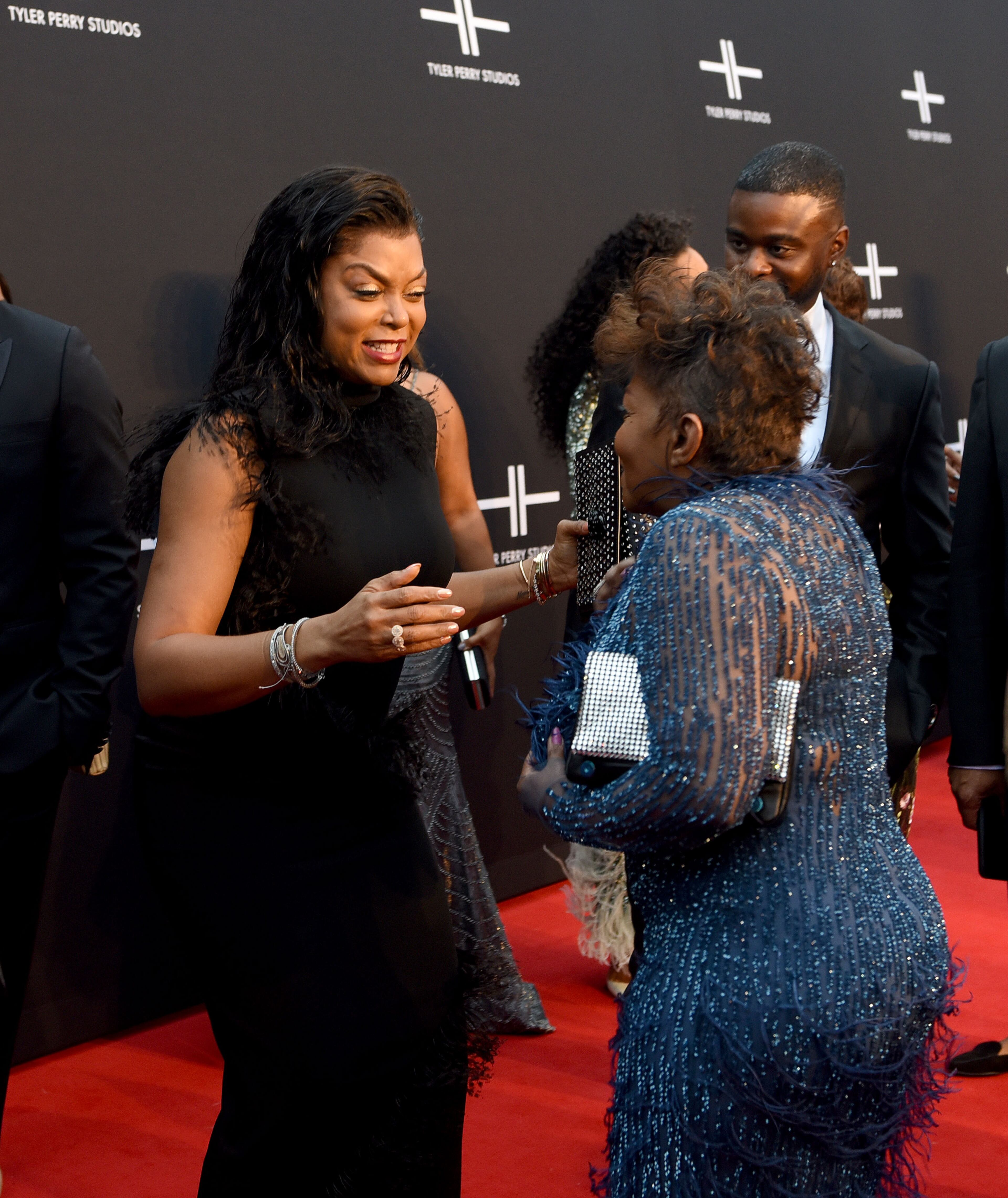 October 5, 2019 Atlanta - Oscar nominee Taraji P. Henson greets legendary R&B singer Anita Baker on the red carpet. It was a star-studded event at the opening of Tyler Perry Studios Saturday, October 5, 2019 in Atlanta. Perry acquired the property of Fort McPherson to build a movie studio on 330 acres of land. (Ryon Horne / Ryon.Horne@ajc.com)