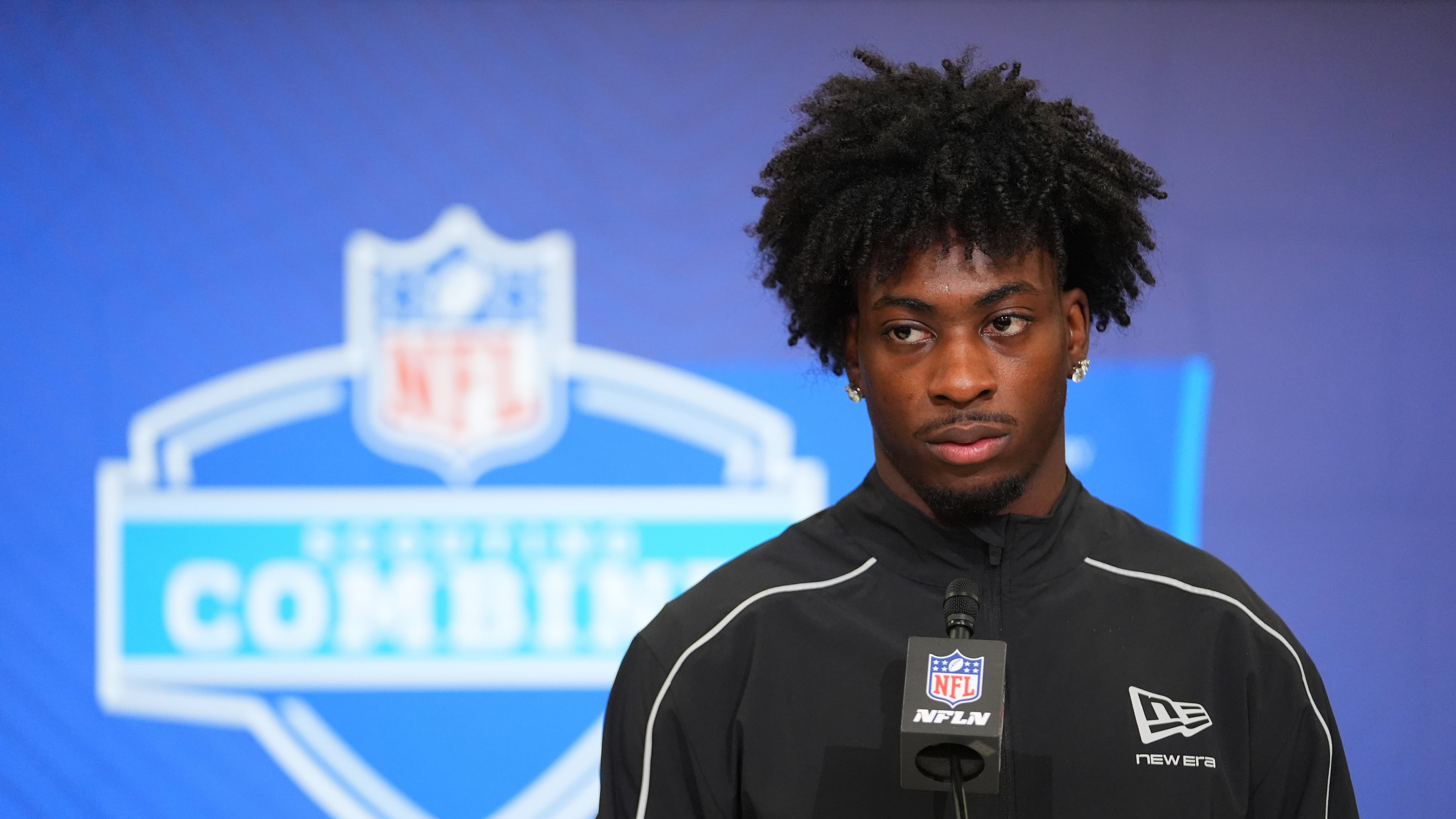 FILE - Georgia wide receiver Zachariah Branch speaks during a news conference at the NFL football scouting combine in Indianapolis, Feb. 27, 2026. (AP Photo/Julio Cortez, File)