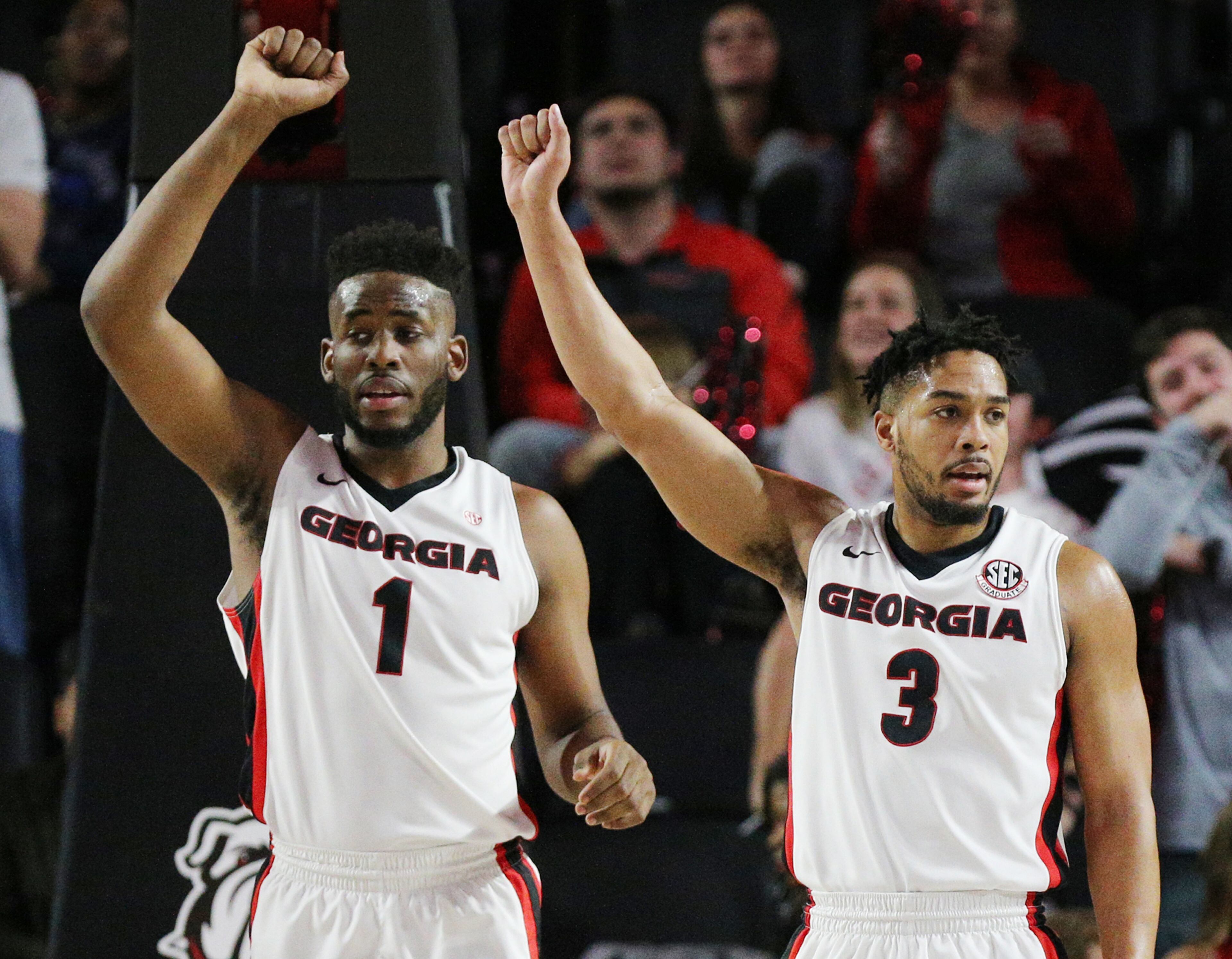 Feb 28, 2018 Athens: Georgia seniors Yante Maten and Juwan Parker signal a call in the first half against Texas A&M in their NCAA college basketball game on Wednesday, Feb 28, 2018, in Athens. Curtis Compton/ccompton@ajc.com