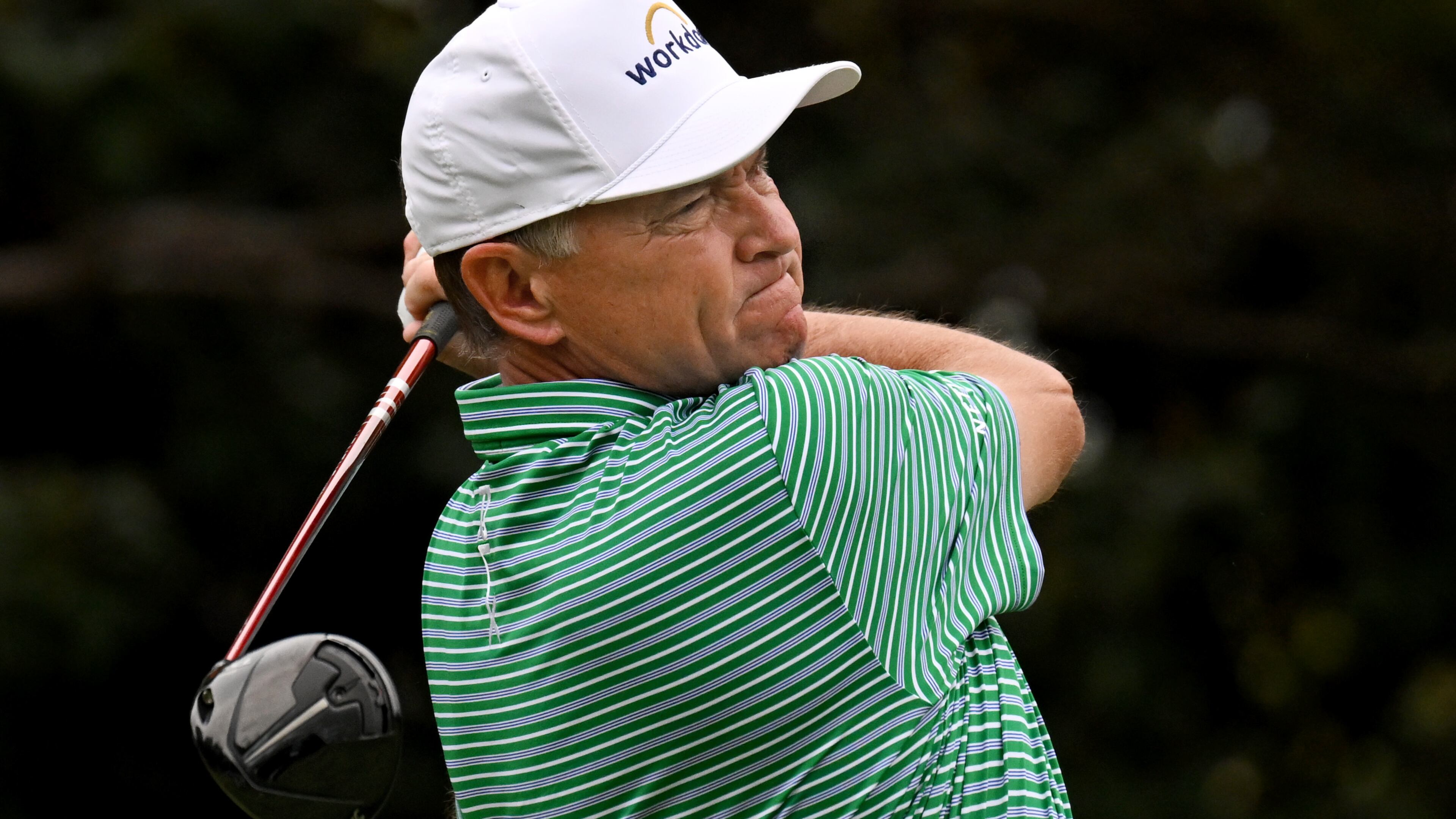 Davis Love III tees off from the 10th hole during the first round of the Mitsubishi Electric Classic at TPC Sugarloaf on Friday, May 5, 2023, in Duluth. (Hyosub Shin/AJC)