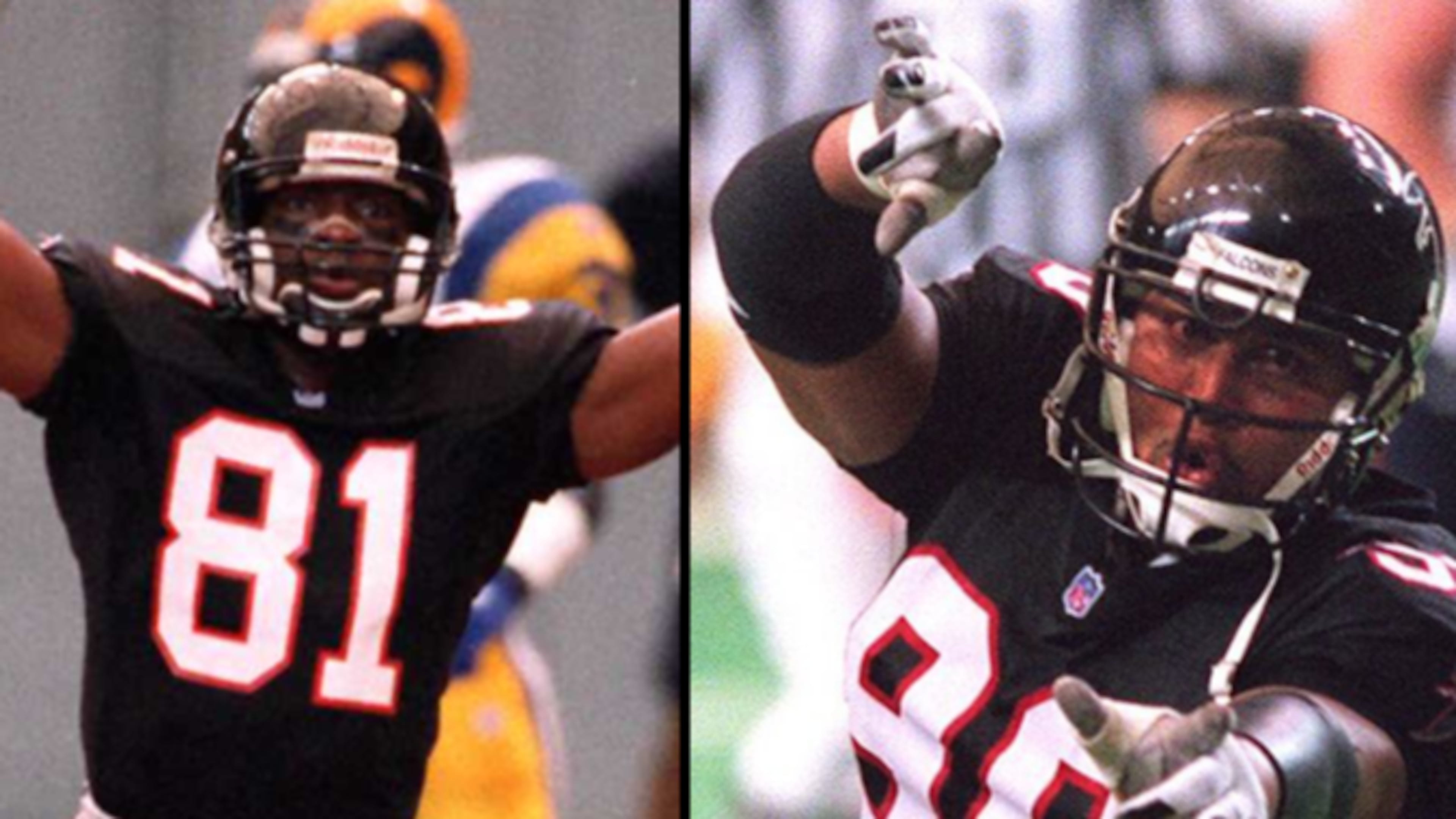 Terance Mathis (left) and Chuck Smith were key players on the Falcons' 1999 Super Bowl team. Mathis had 1,136 yards receiving. Smith had 8½ sacks. Mathis, of Redan, and Smith, of Clarke Central, will be 2026 inductees into the Georgia High School Football Hall of Fame. (AJC file photos)