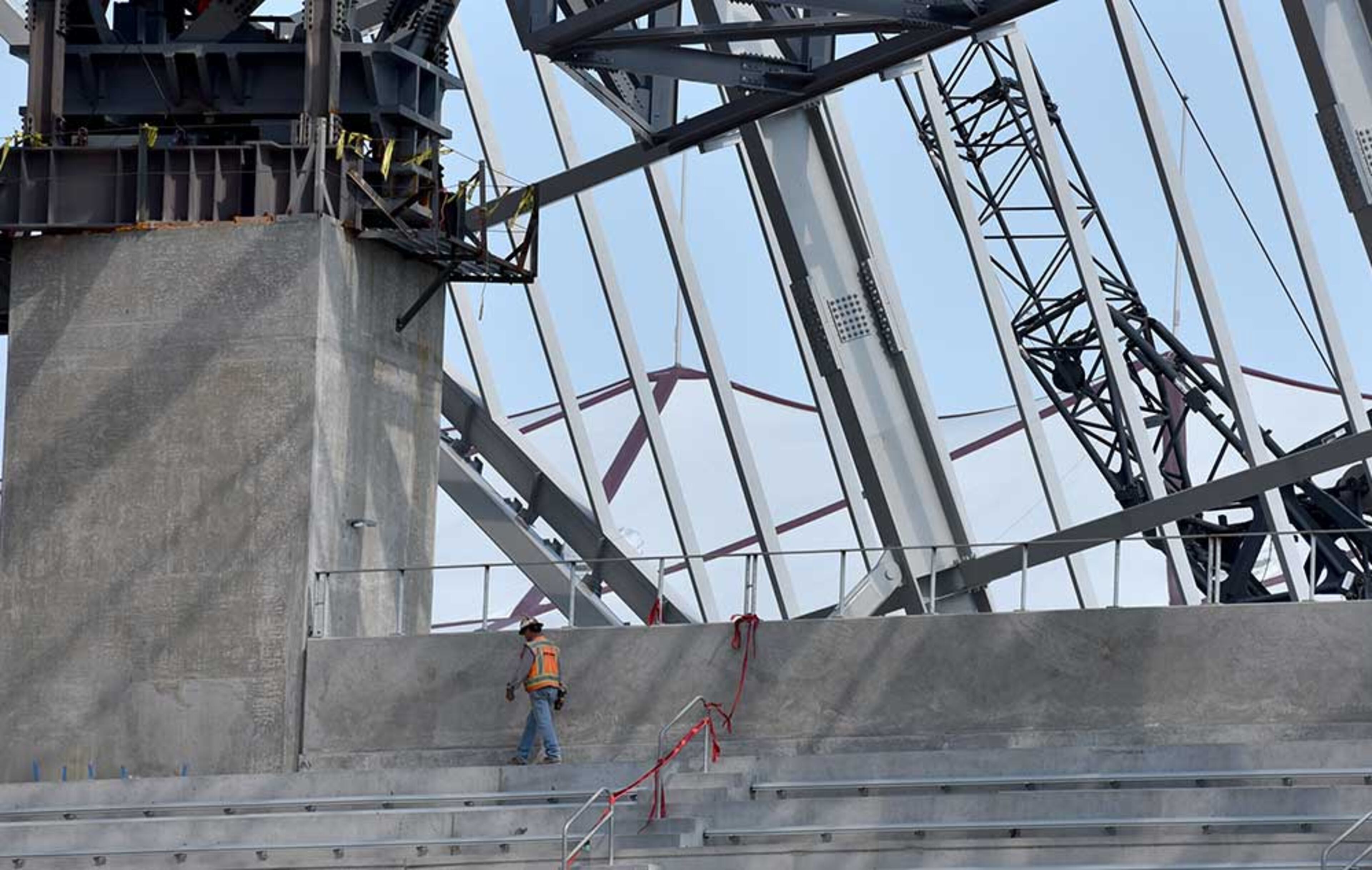 The top of the Georgia Dome can been seen from inside Mercedes-Benz Stadium. The first seats were installed at Mercedes-Benz Stadium during a ceremony Thursday September 1, 2016.
