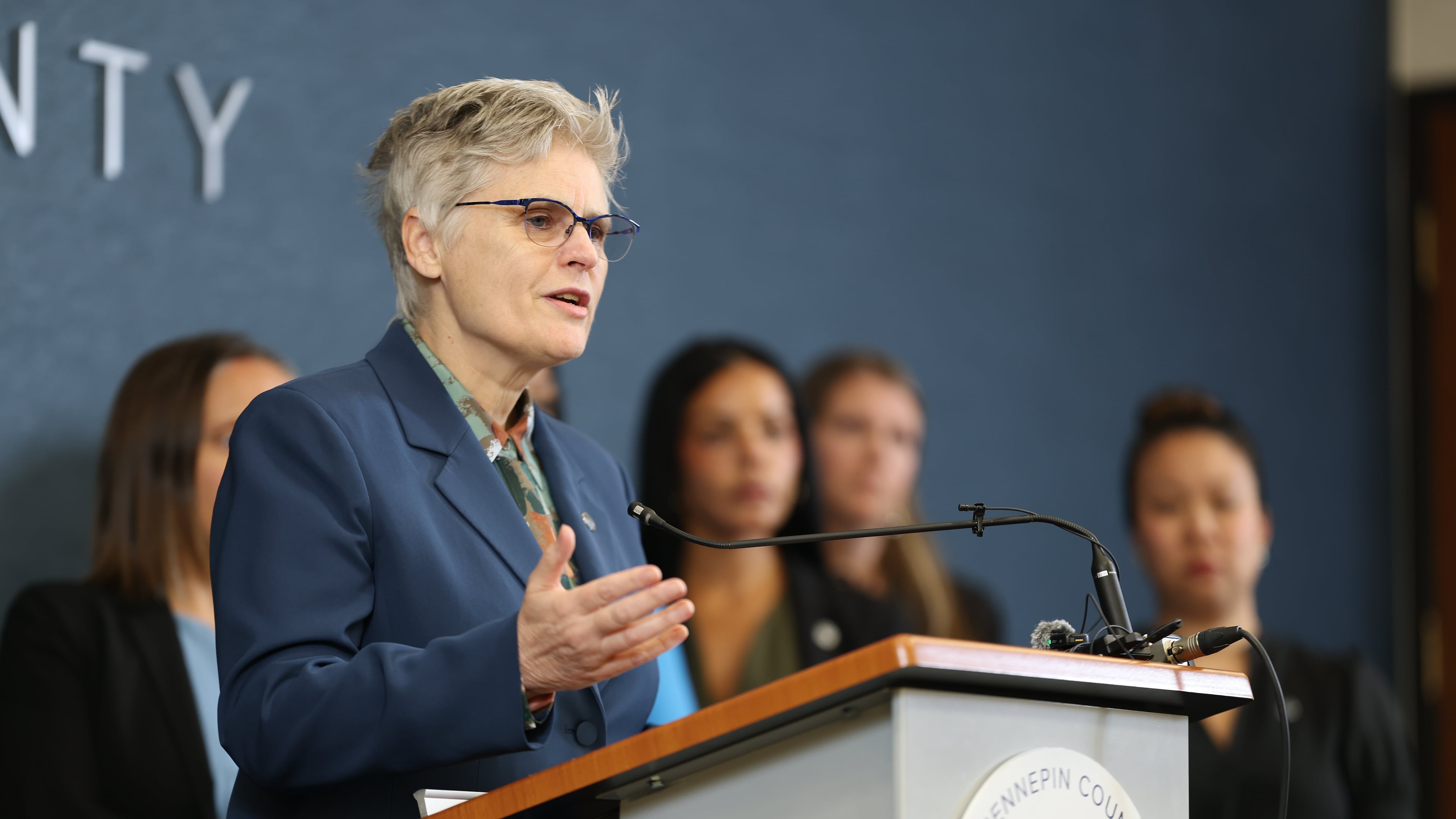 Hennepin County Attorney Mary Moriarty addresses the media at the Hennepin County Government Center in Minneapolis, Monday, July 13, 2026. (Elizabeth Flores/Minnesota Star Tribune via AP)