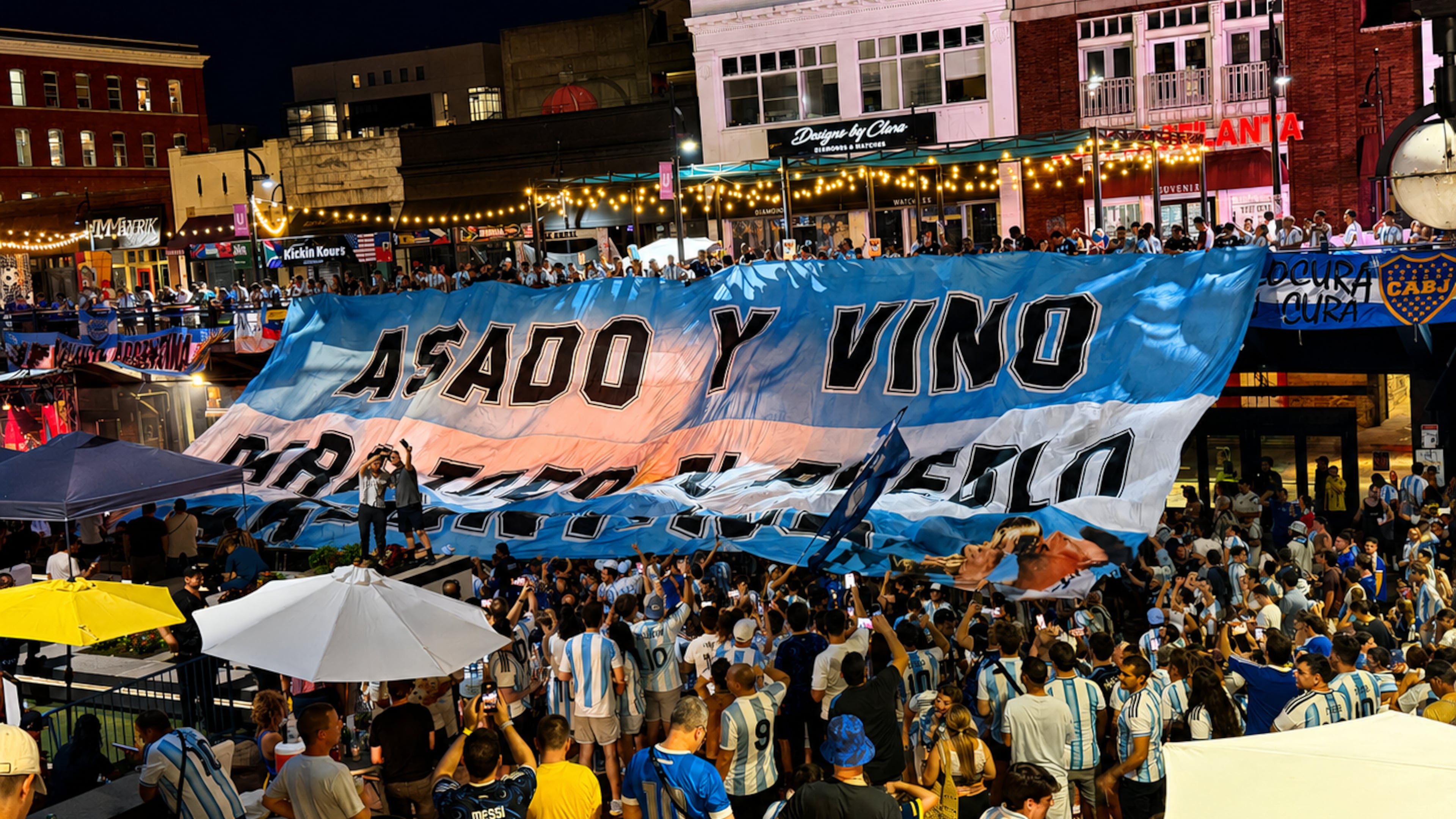 Fans of Argentina's soccer team show their support as the team prepares to take on England Wednesday in a World Cup semifinal in Atlanta. (Courtesy of Access Atlanta)