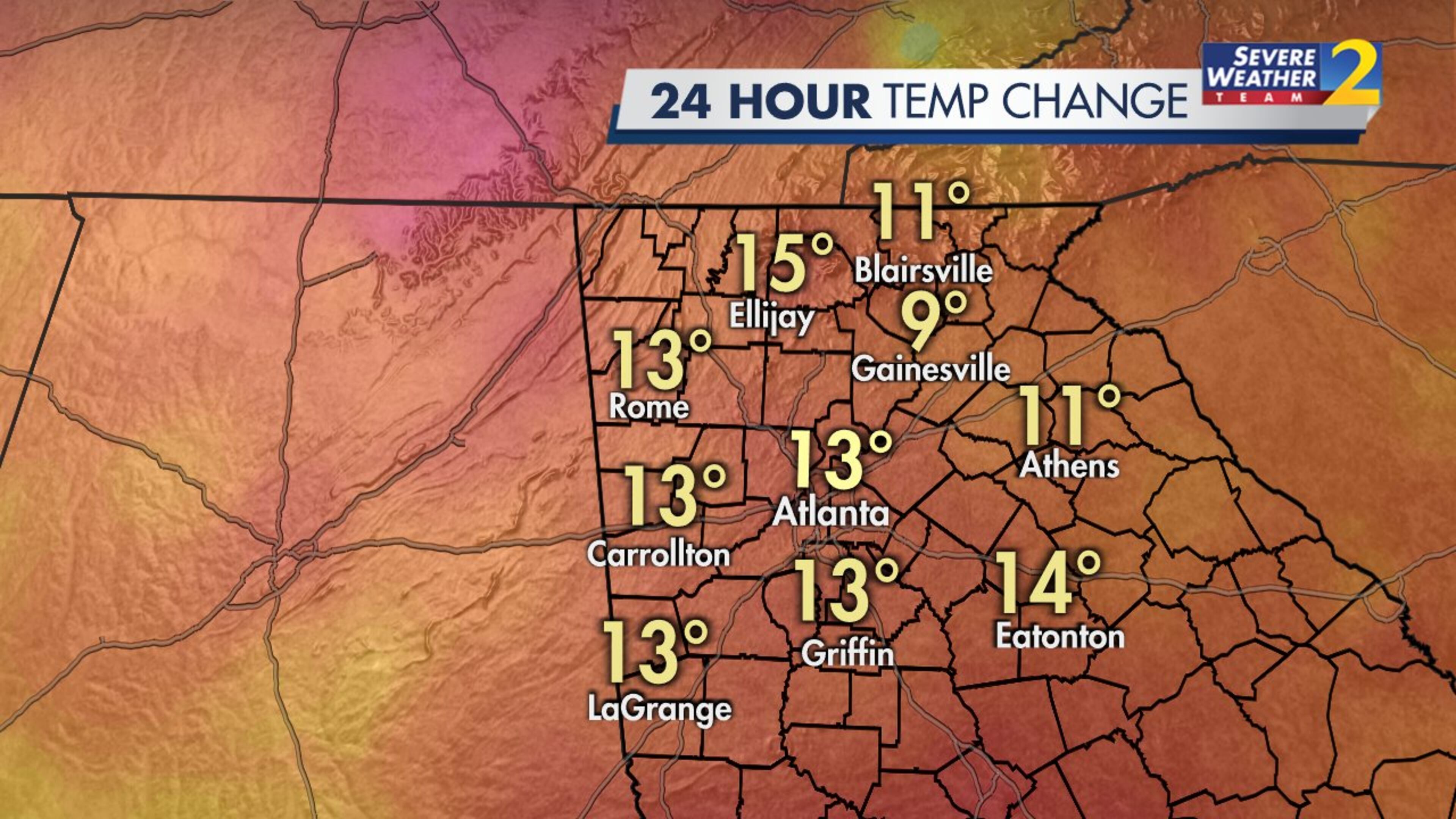 Temperatures are running 10 to 15 degrees higher Wednesday morning than just 24 hours ago. Warmer weather will carry into the afternoon with a projected high of 56 degrees in Atlanta, according to Channel 2 Action News.