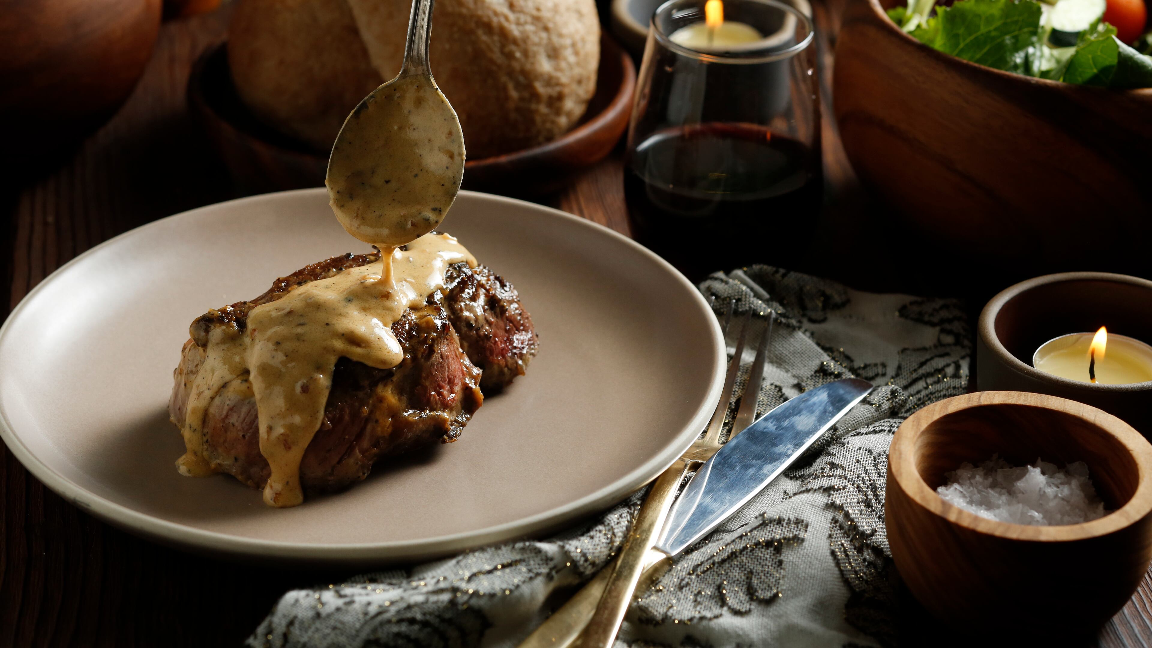 A dish of steak Diane in Richmond, Calif., Dec. 8, 2015. Some hate a Valentine’s Day dinner out, saying it's too impersonal and not romantic enough. Steak Diane – a classic of mid-20th-century fine dining that was generally prepared table side in a whoosh of brandy flame, can be a romantic at-home meal.