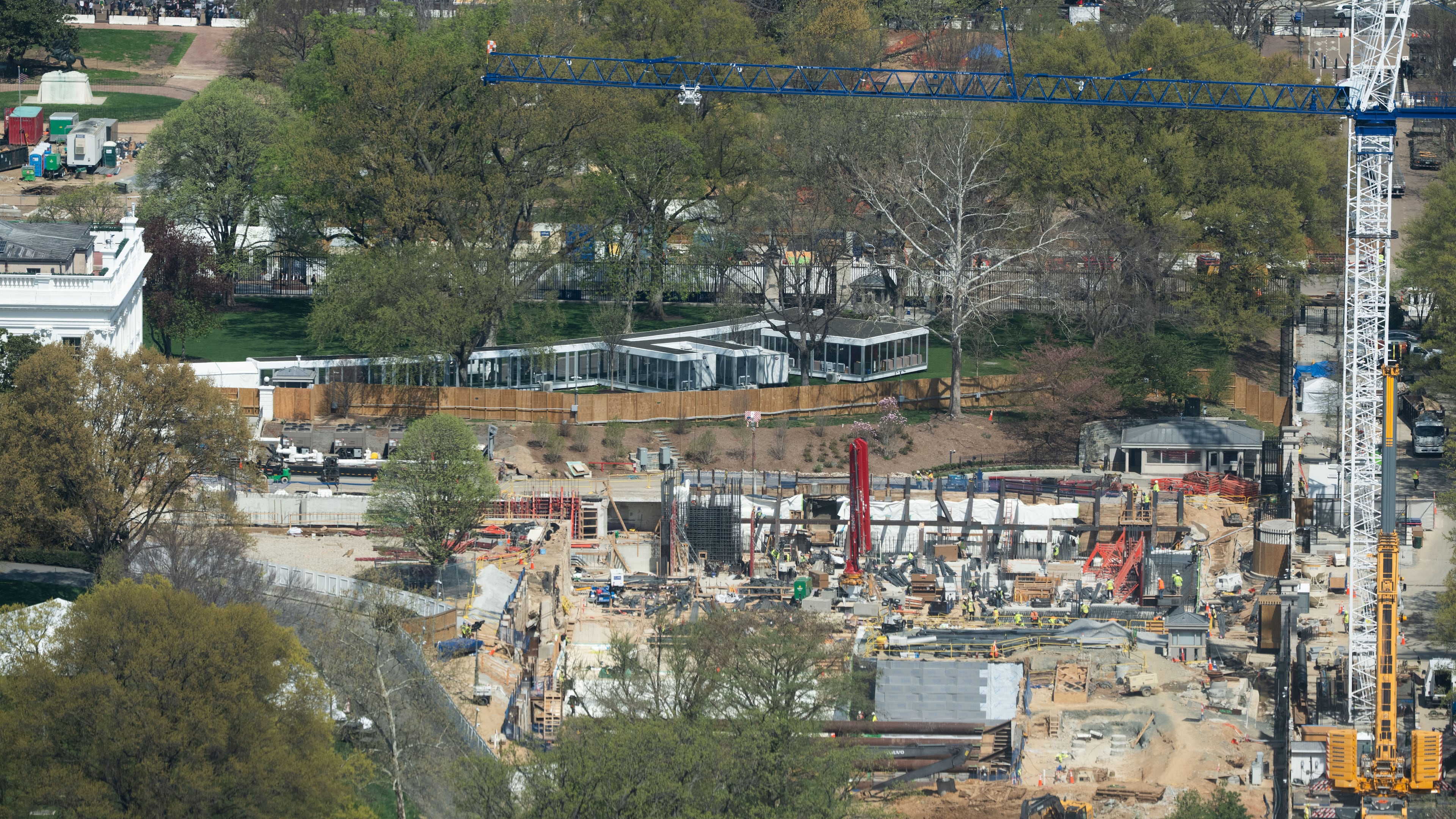 Work continues on the construction of the ballroom at the White House in Washington, Wednesday, April 1, 2026. (AP Photo/Allison Robbert)