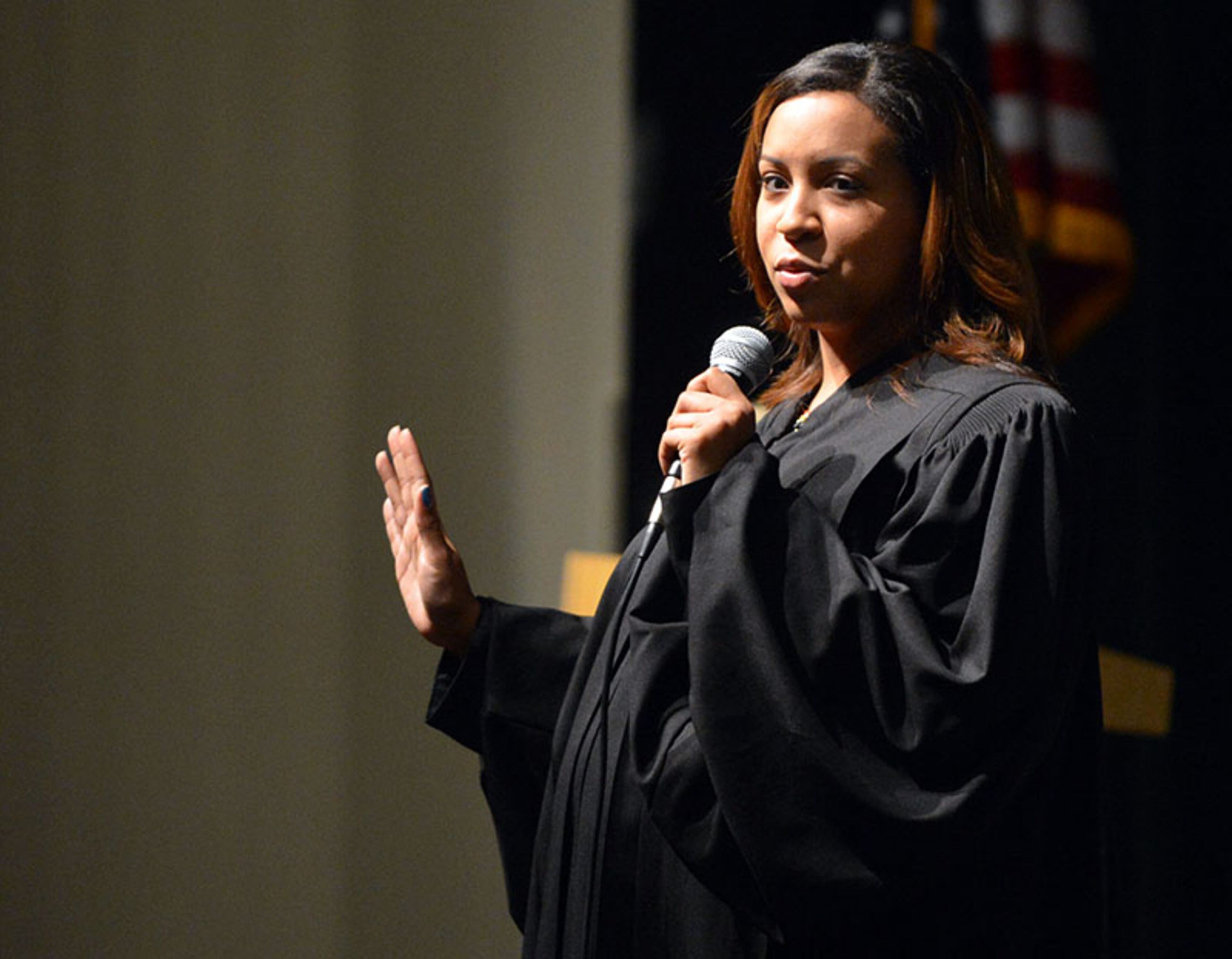 Dekalb County Chief Assistant District Attorney Nicole Marchand Golden speaks during the program. "Our goal is to teach young student drivers the affects and consequences of driving under the influence, texting while driving and more. I know we have all seen cars swerve on the road when a person is talking on the phone or trying to text and drive. A split second can change someone’s life forever. We see lives lost every day due to reckless behavior behind the wheel," said District Attorney Robert James before the event.
