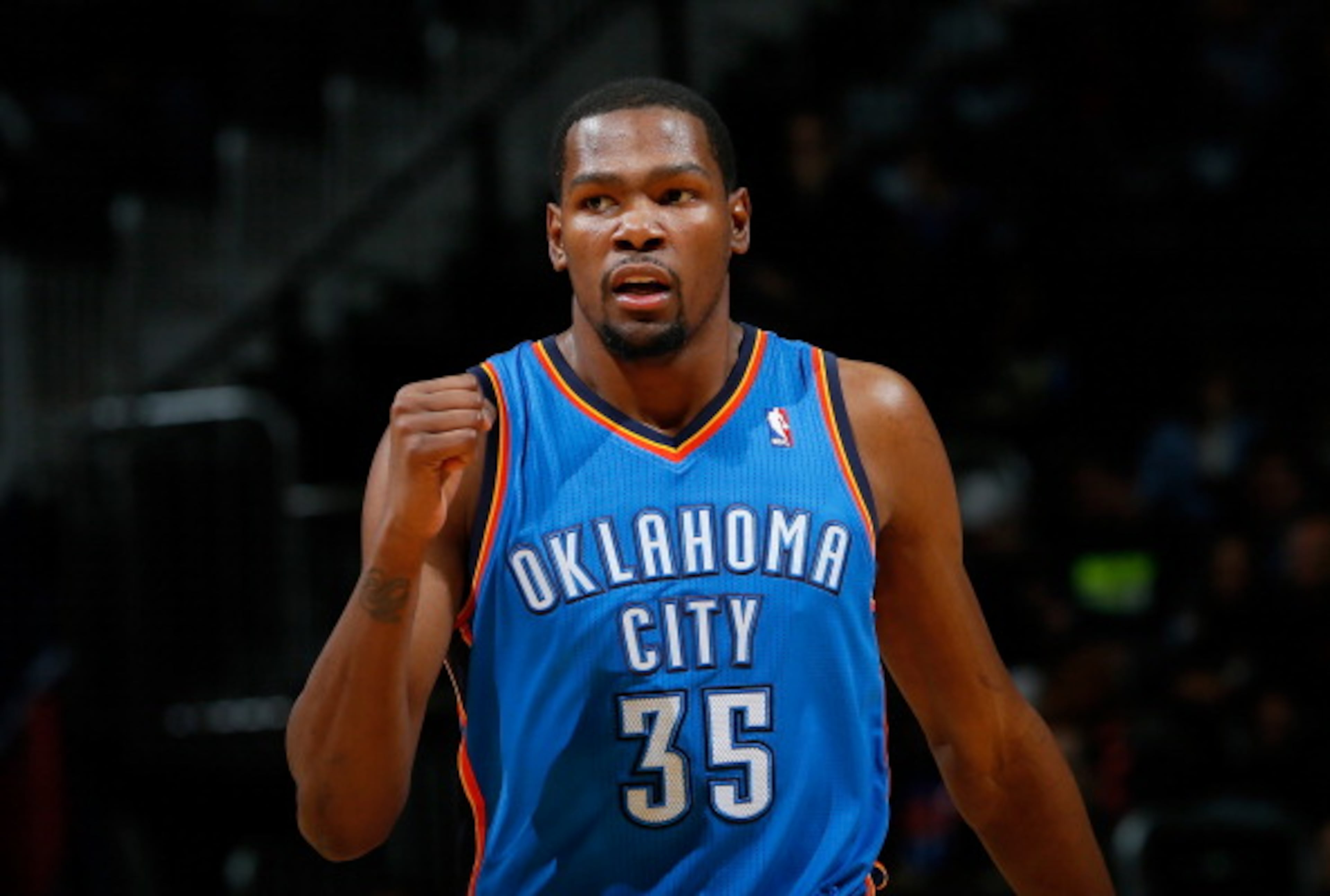 ATLANTA, GA - DECEMBER 10: Kevin Durant #35 of the Oklahoma City Thunder reacts after a basket against the Atlanta Hawks at Philips Arena on December 10, 2013 in Atlanta, Georgia. NOTE TO USER: User expressly acknowledges and agrees that, by downloading and or using this photograph, User is consenting to the terms and conditions of the Getty Images License Agreement. (Photo by Kevin C. Cox/Getty Images)