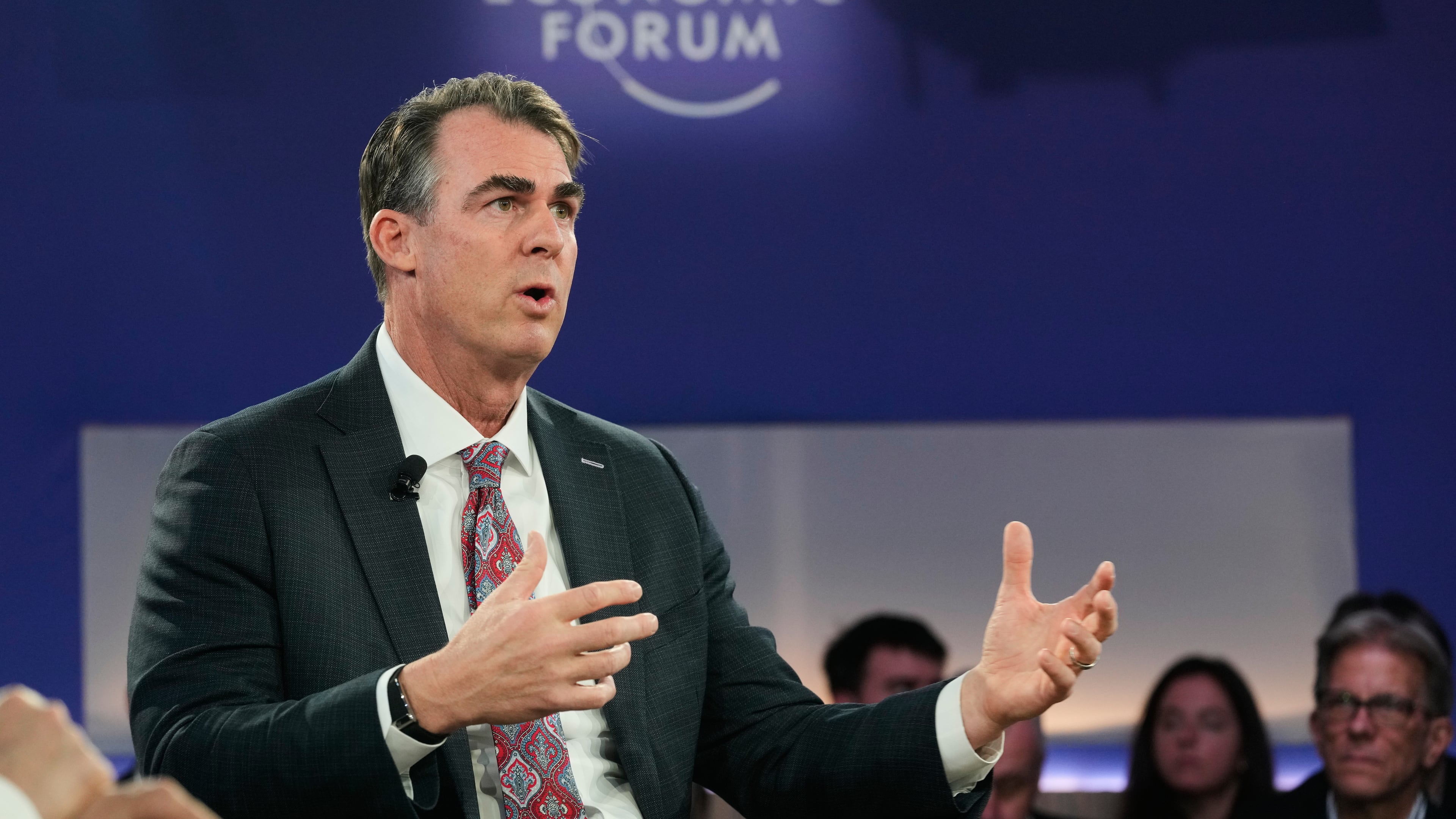 Oklahoma Gov. Kevin Stitt speaks during the Annual Meeting of the World Economic Forum in Davos, Switzerland, Wednesday, Jan. 21, 2026. (AP Photo/Markus Schreiber)
