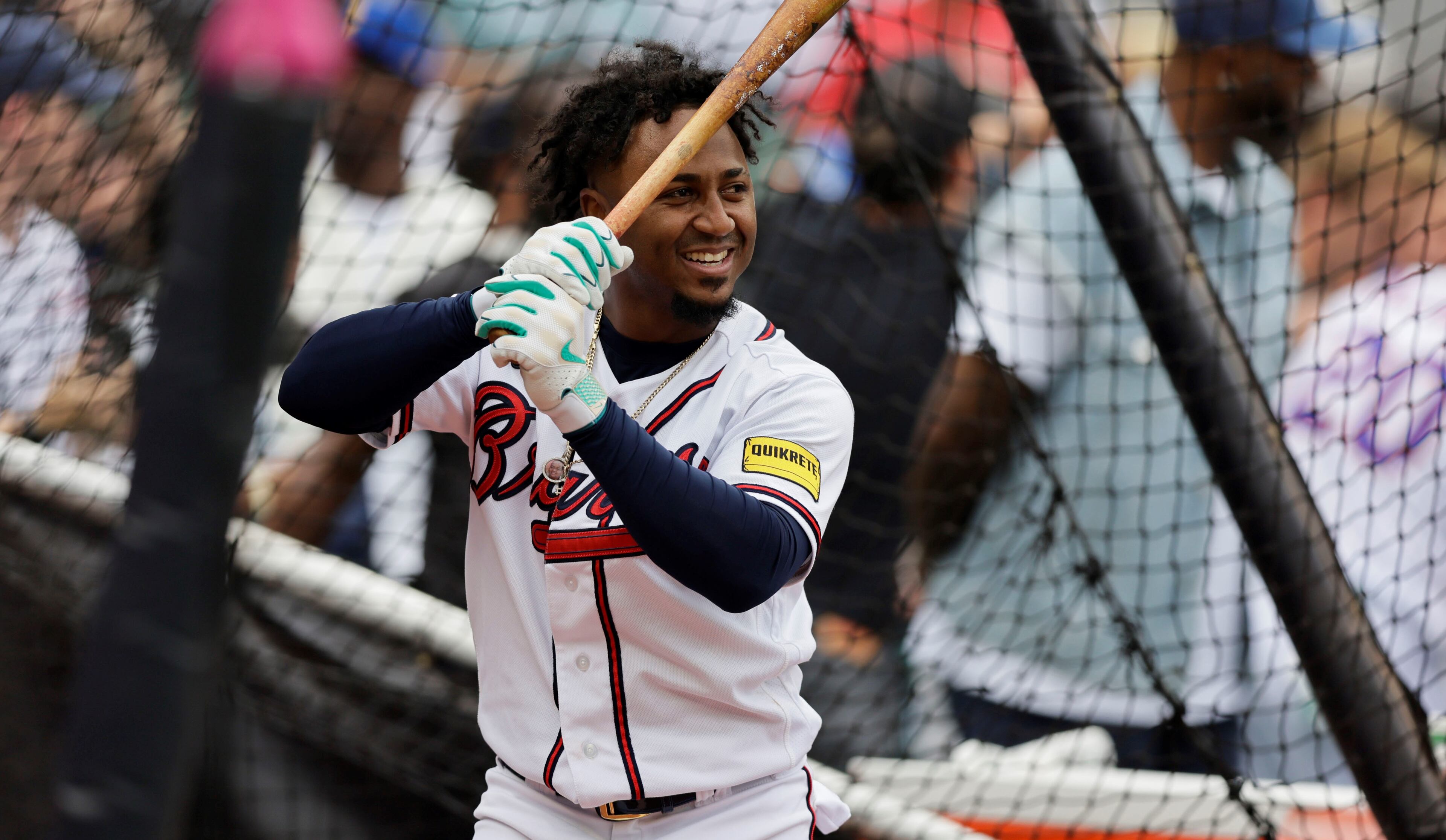 Ozzie Albies stands in the batting cage during Monday's All-Star activities in Seattle. (AP Photo/John Froschauer)