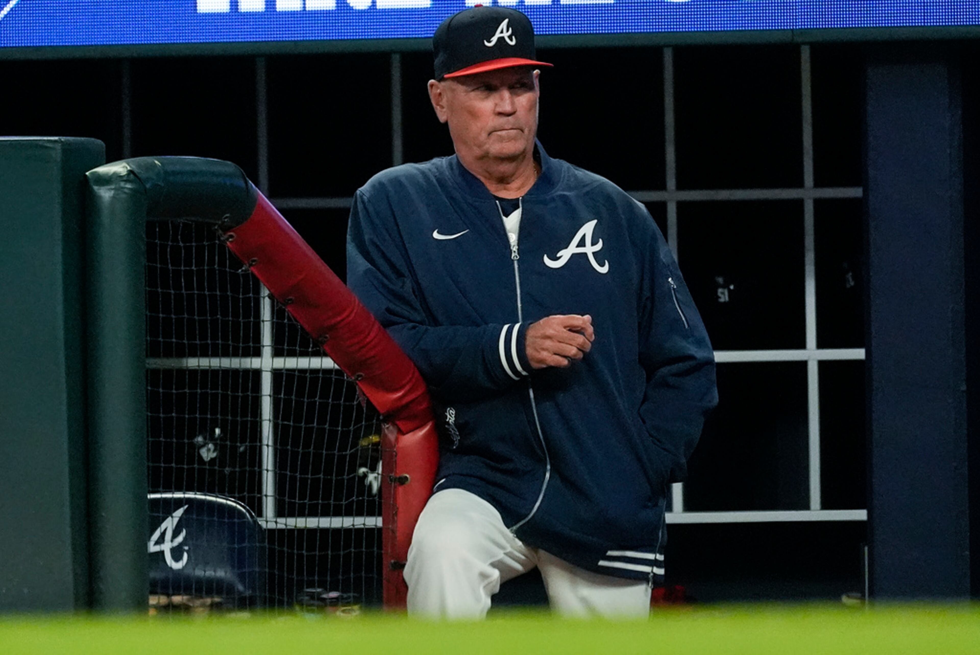 Atlanta Braves manager Brian Snitker (43) watches his team play the Arizona Diamondbacks during a baseball game Saturday, April 6, 2024, in Atlanta. (AP Photo/John Bazemore)