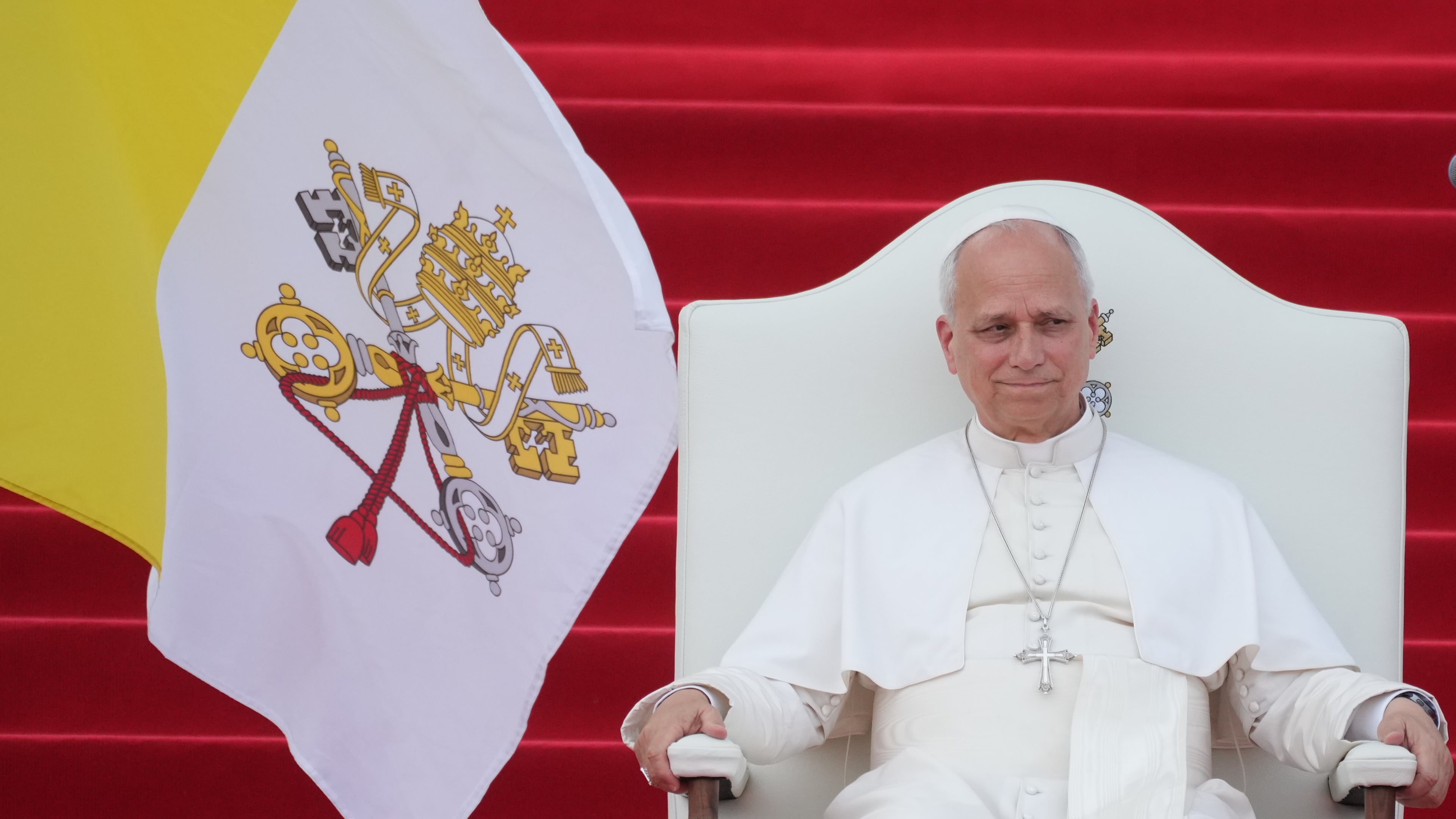 FILE - Pope Leo XIV meets with representatives of the world of culture at the Leon XIV Campus of the National University in Malabo, Equatorial Guinea, Tuesday, April 21, 2026, on the ninth day of his 11-day pastoral visit to Africa. (AP Photo/Andrew Medichini, File)