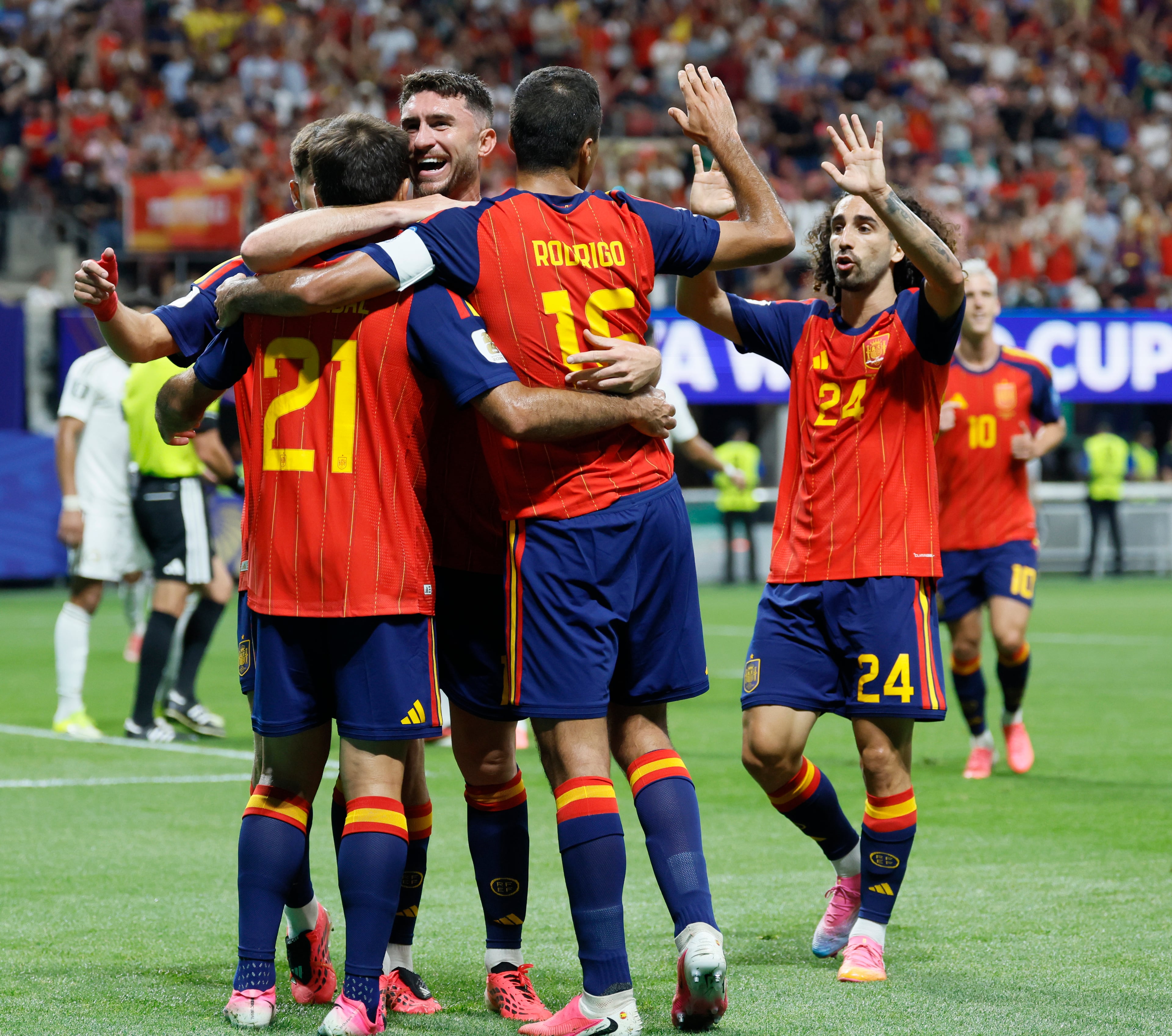 Spain celebrates a goal by Mikel Oyarzabal (left) during the first half of the Spain vs. Saudi Arabia World Cup match Sunday, June 21, 2026, at Atlanta Stadium. (Miguel Martinez/AJC)