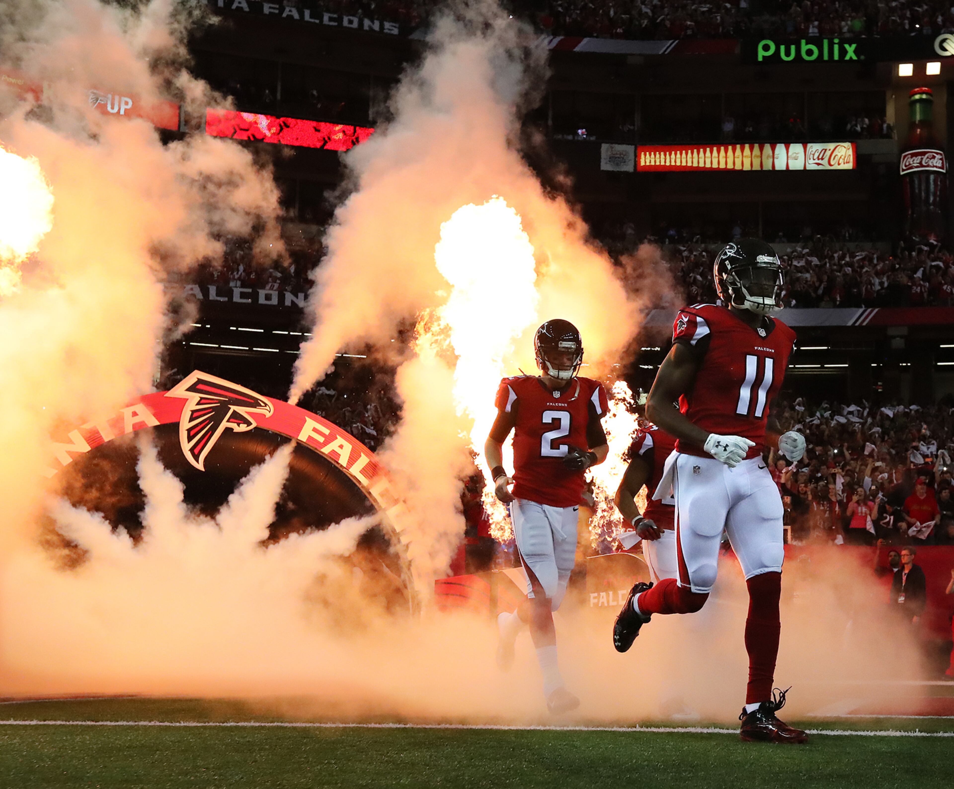 January 14, 2017, Atlanta: Matt Ryan and Julio Jones take the field to play the Seahawks during a NFL football NFC divisional playoff game on Saturday, Jan. 14, 2017, in Atlanta. Curtis Compton/ccompton@ajc.com
