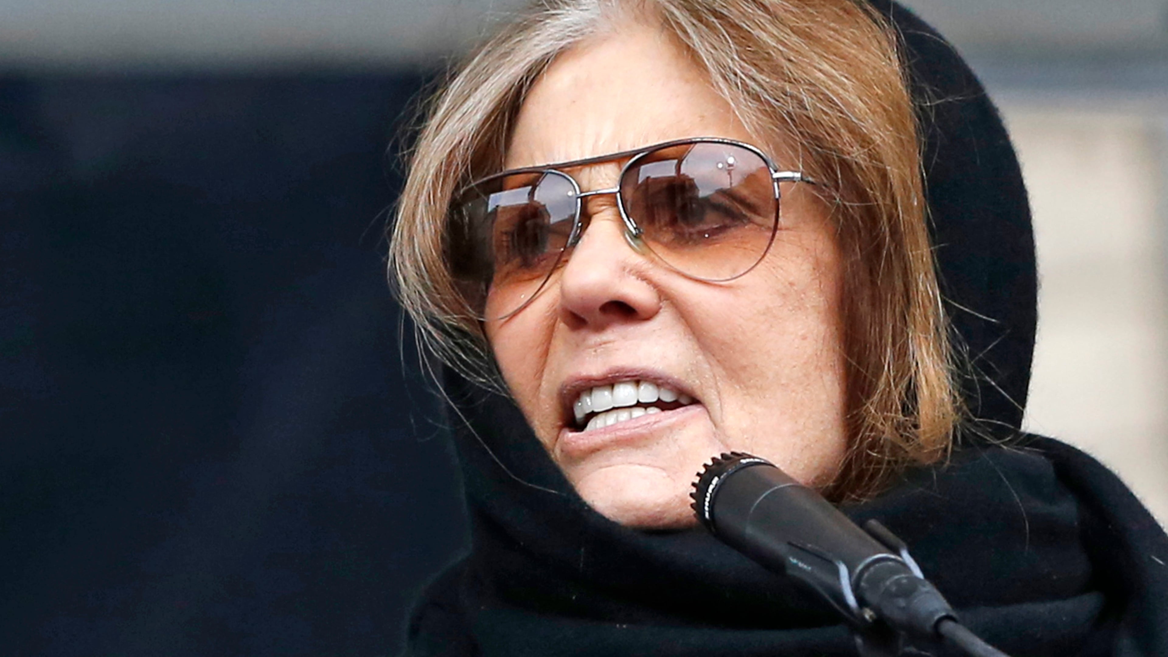 FILE - Feminist Gloria Steinem speaks at a rally organized by Women's March NYC in New York on Jan. 19, 2019. (AP Photo/Kathy Willens, File)