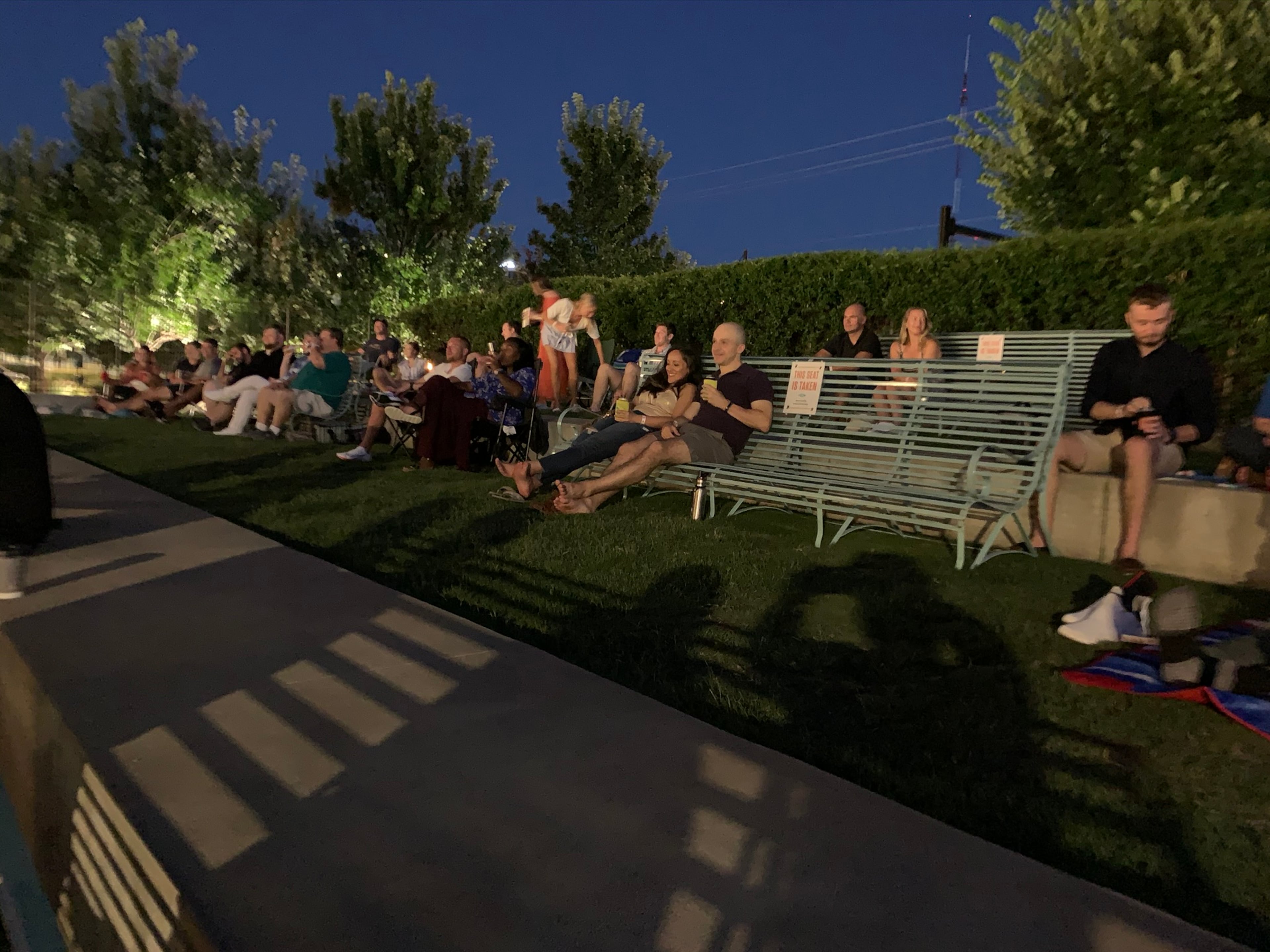 The Ponce City Market outdoor comedy show crowd on July 11, 2020, socially distanced.