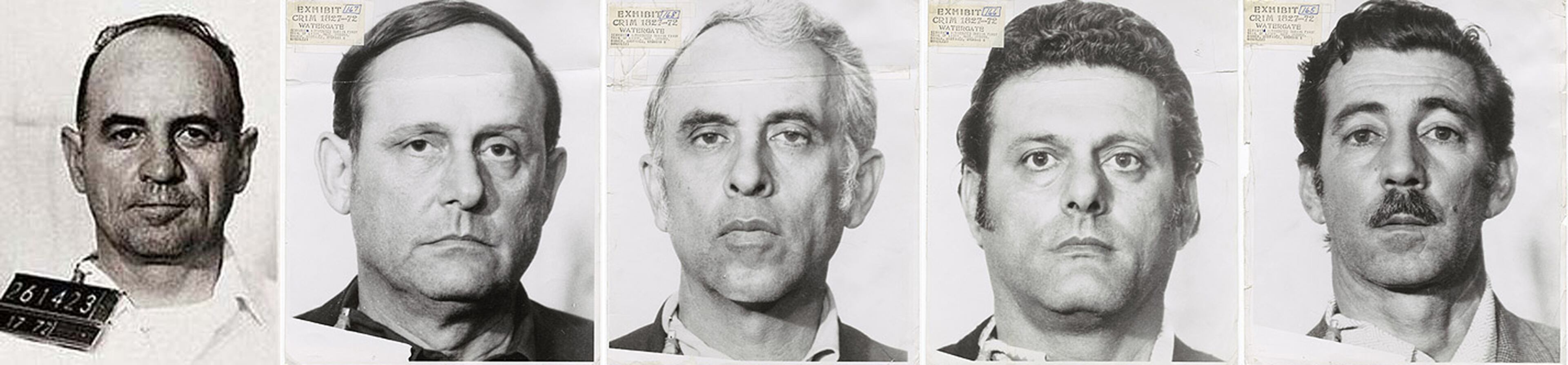 Police mug shots of the five men arrested and charged in the Watergate burglary. From left: James McCord, Bernard Barker, Eugenio Martinez, Frank Sturgis and Virgilio Gonzales. The discovery of an attempted burglary of the office of the Democratic National Committee on June 17, 1972 -- an incident President Richard M. Nixon referred to as "that pipsqueak Watergate" -- led to disclosures that unraveled over the next two years like a ball of twine. (The New York Times)