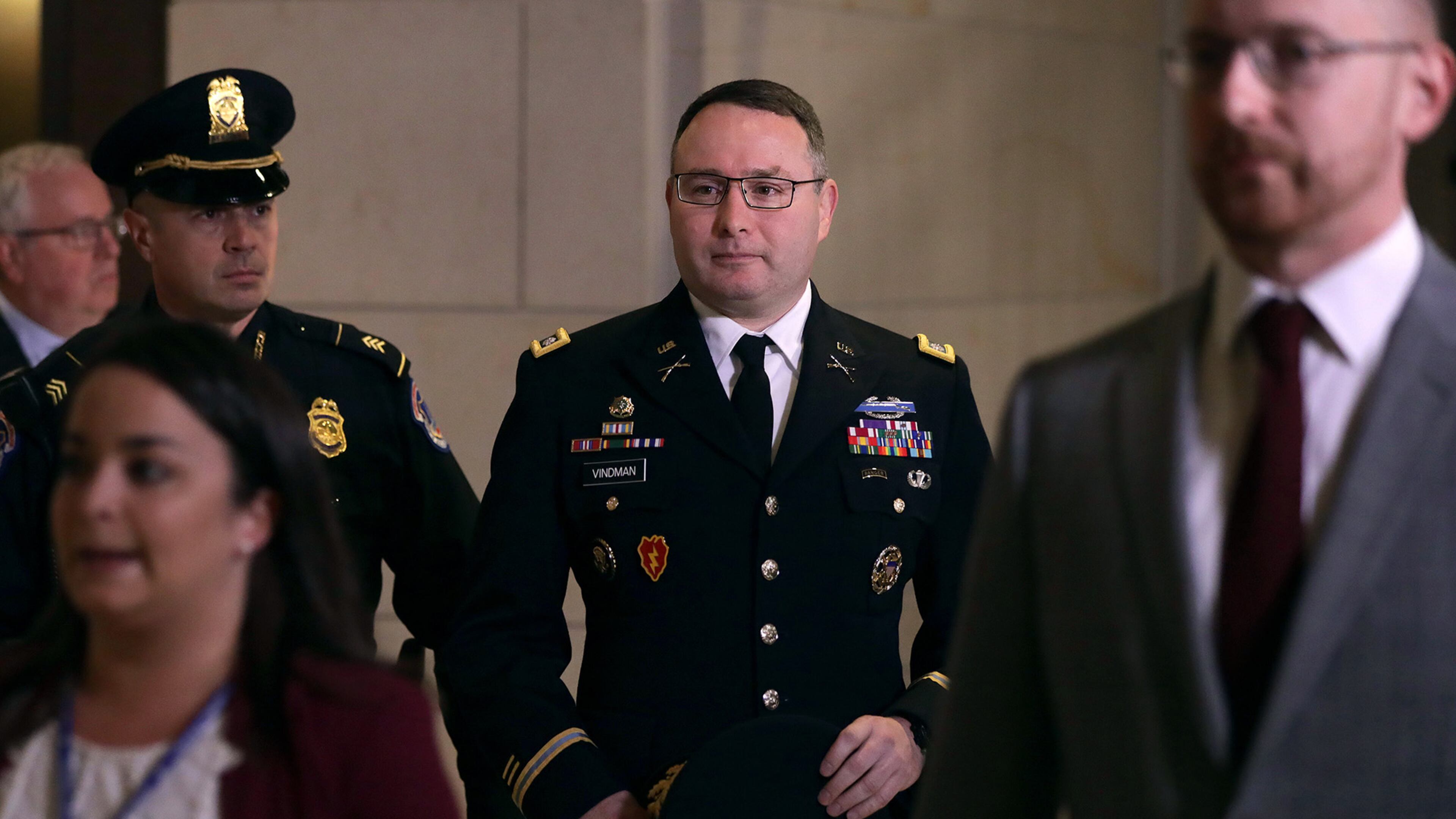 Army Lt. Colonel Alexander Vindman, Director for European Affairs at the National Security Council, arrives at a closed session before the House Intelligence, Foreign Affairs and Oversight committees on Tuesday, Oct. 29, 2019, at the U.S. Capitol in Washington, D.C. (Alex Wong/Getty Images/TNS)