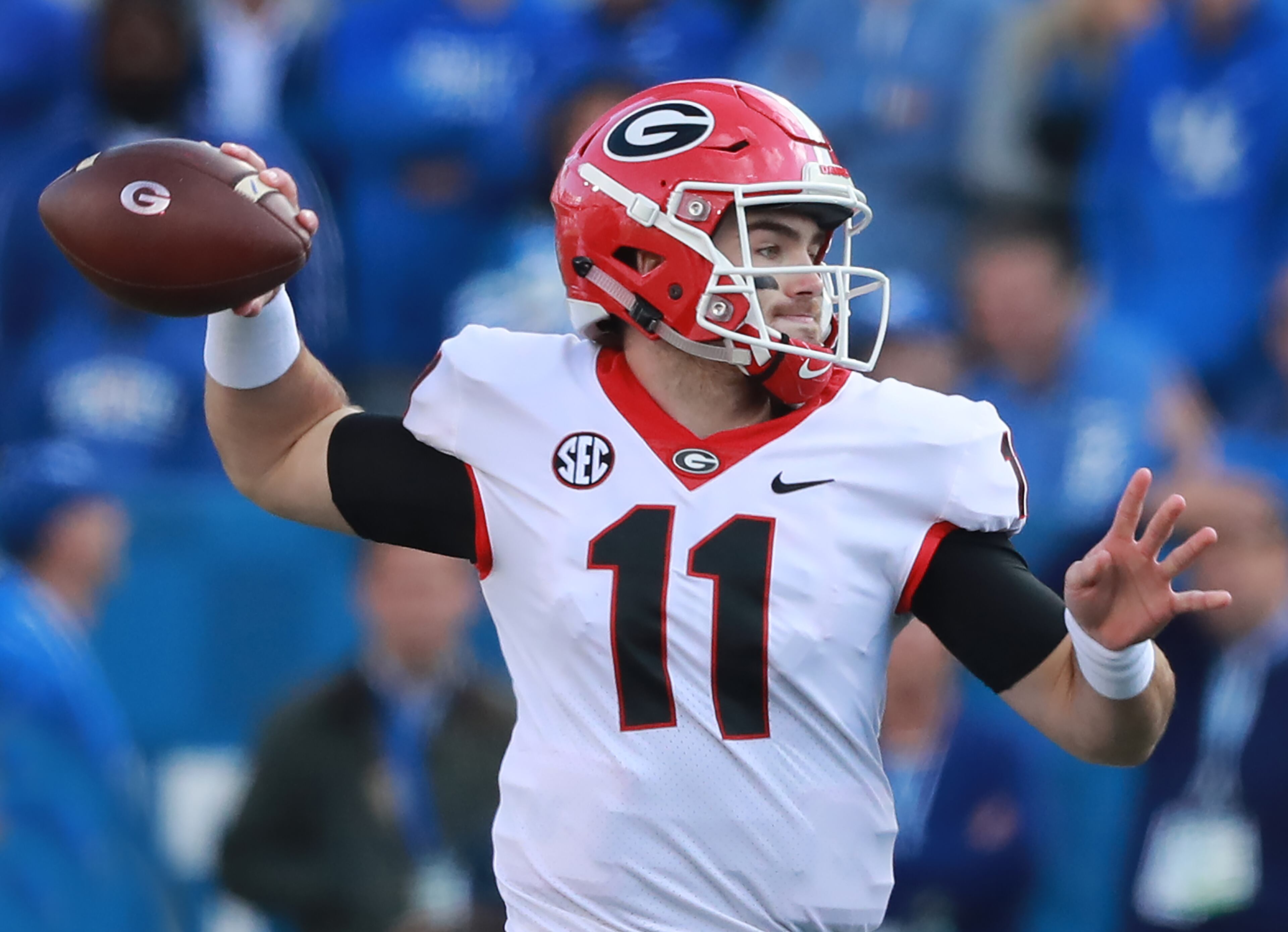 Georgia quarterback Jake Fromm completes a pass against Kentucky during the first half in a NCAA college football game on Saturday, Nov. 3, 2018, in Lexington. Curtis Compton/ccompton@ajc.com