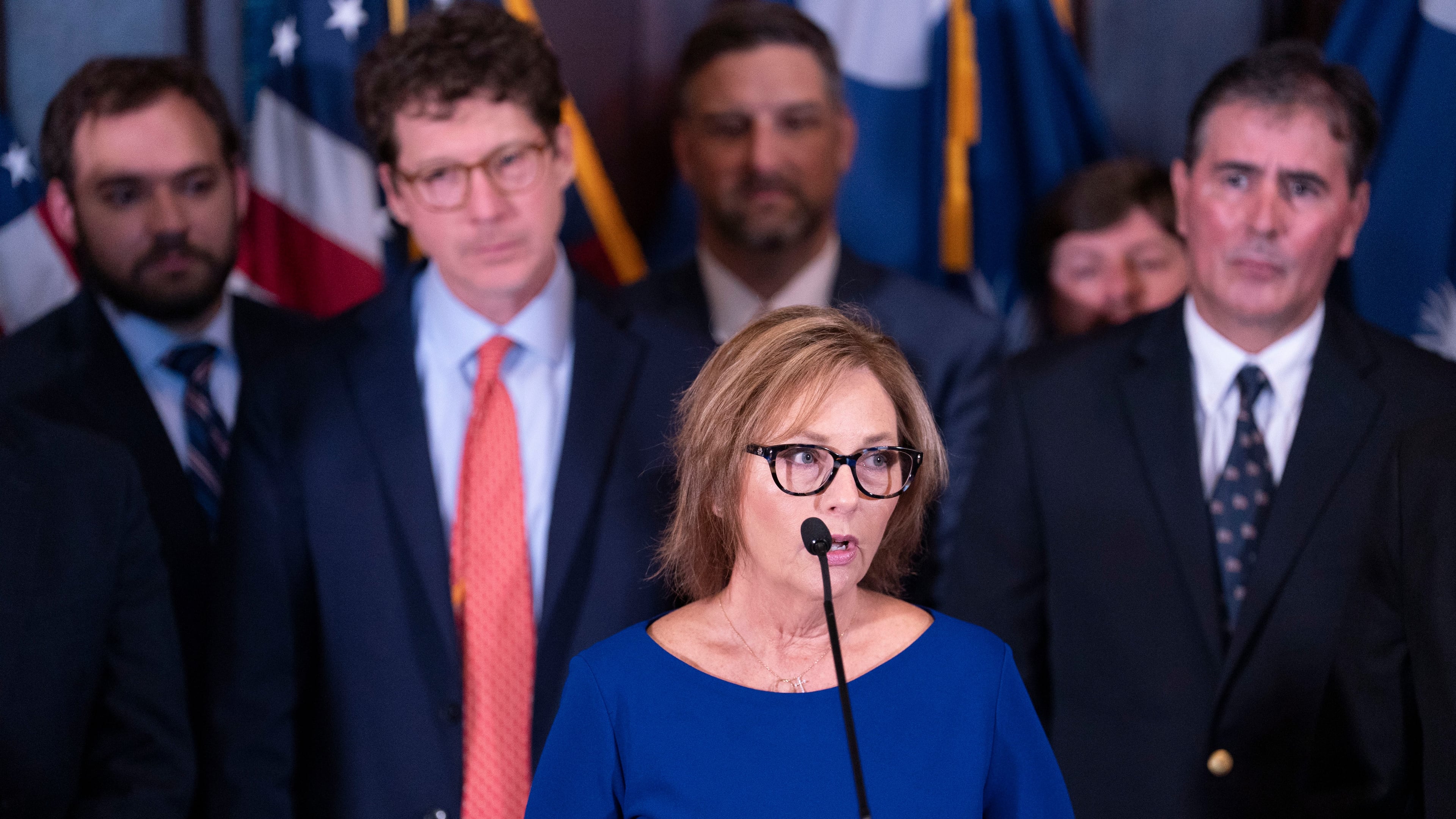 Newly appointed U.S. interim Senator, Darline Graham Nordone speaks to members of the press after being appointed to fill the vacancy created by the passing of her brother, U.S. Senator Lindsey Graham, at the statehouse Monday, July 13, 2026, in Columbia, S.C. (AP Photo/Sean Rayford)