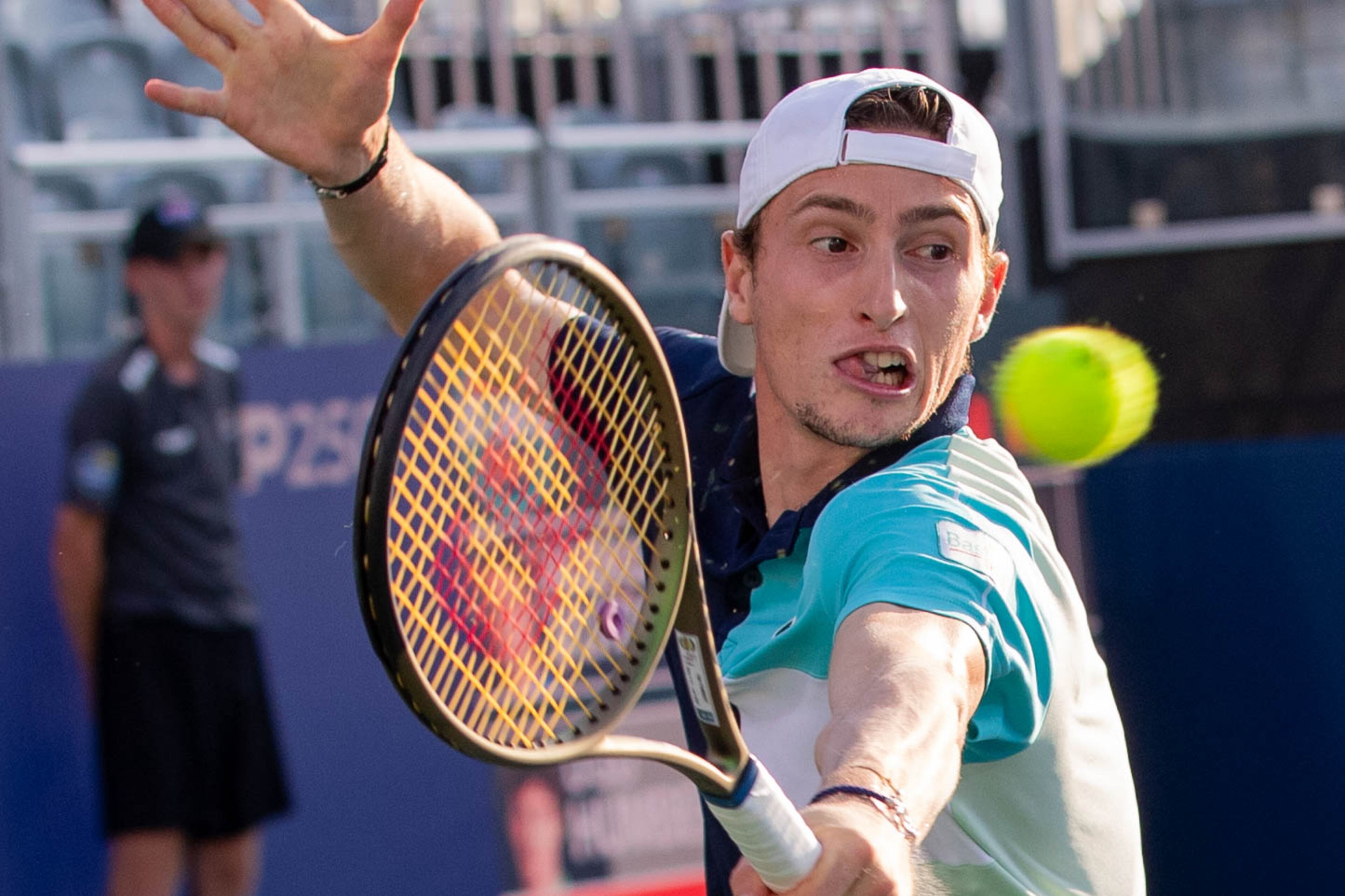 Ugo Humbert competes at the Atlanta Open against Aleksander Vukic. (Katelyn Myrick/katelyn.myrick@ajc.com)