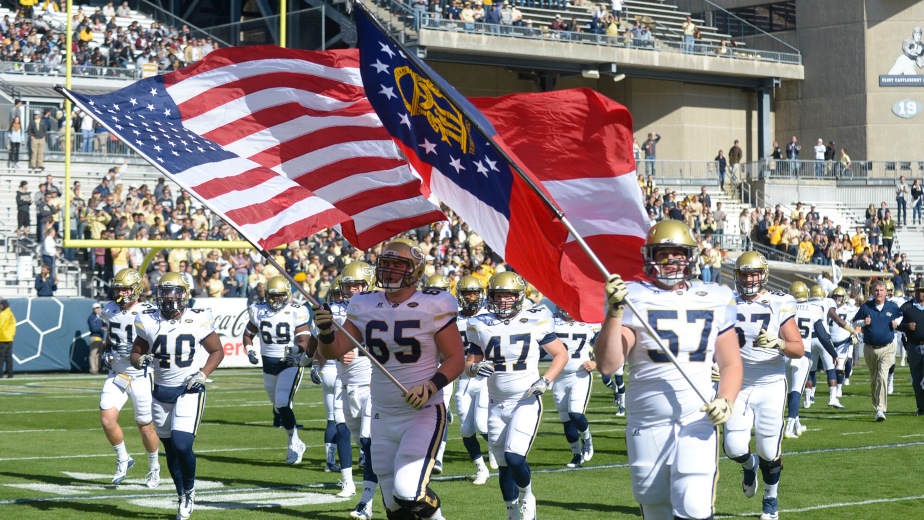 The Georgia Tech Yellow Jackets take the field at the start of their game against the Virginia Cavaliers at Bobby Dodd Stadium Saturday, November 19, 2016. SPECIAL/Daniel Varnado
