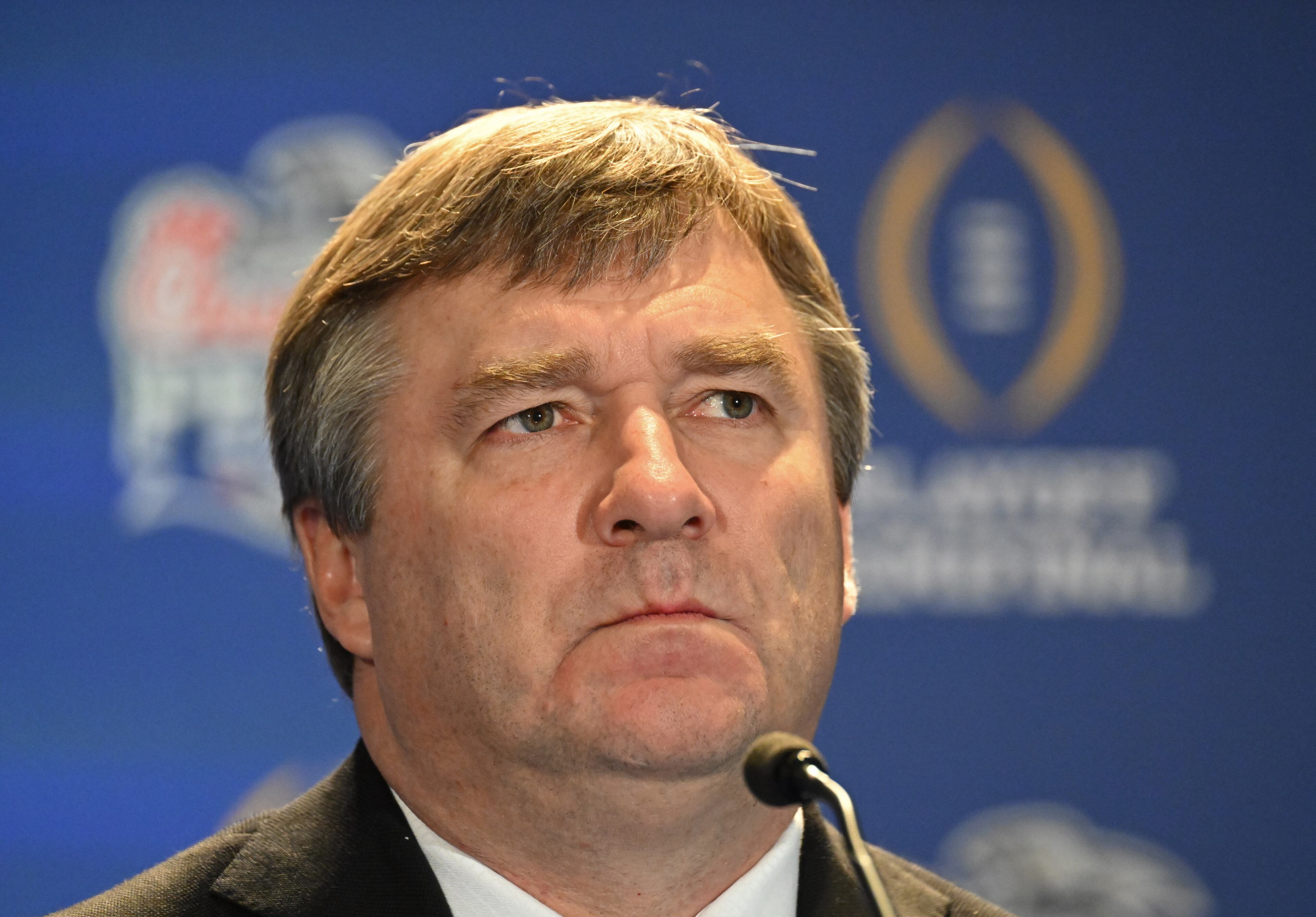 Georgia's Kirby Smart listens to a question during a coaches press conference along with Ohio State's Ryan Day ahead of Saturday's Chick-fil-A Peach Bowl game on Friday, Dec. 30, 2022, in Atlanta. (Hyosub Shin / Hyosub.Shin@ajc.com)