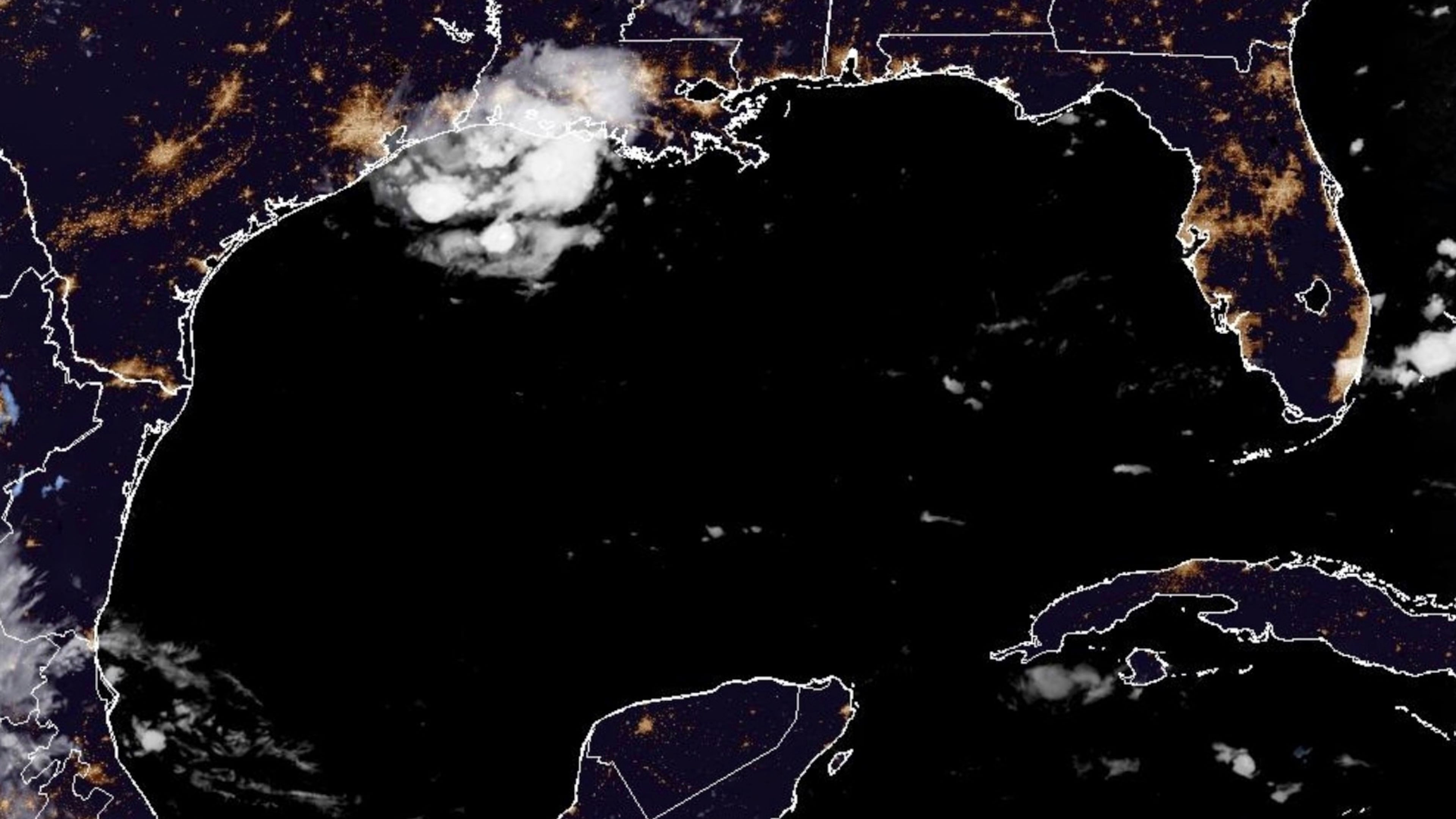 This satellite image from the National Oceanic and Atmospheric Administration taken shows Tropical Storm Edouard heading toward the Gulf Coast, Tuesday, Sept. 1, 2026. (NOAA via AP)