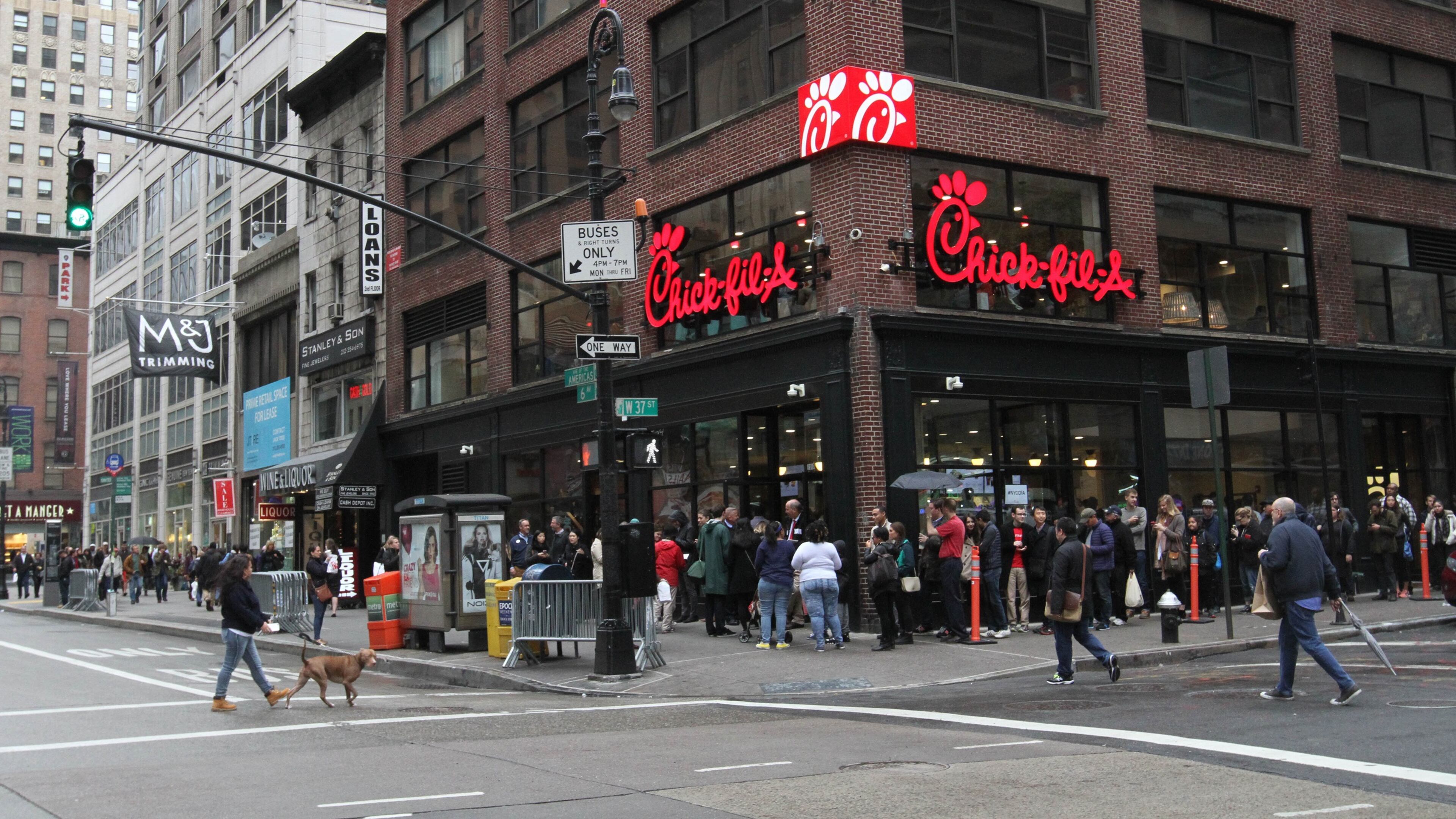 The Chick-fil-A store in New York is seen on its opening day Saturday Oct. 3, 2015. (AP Photo/Tina Fineberg)