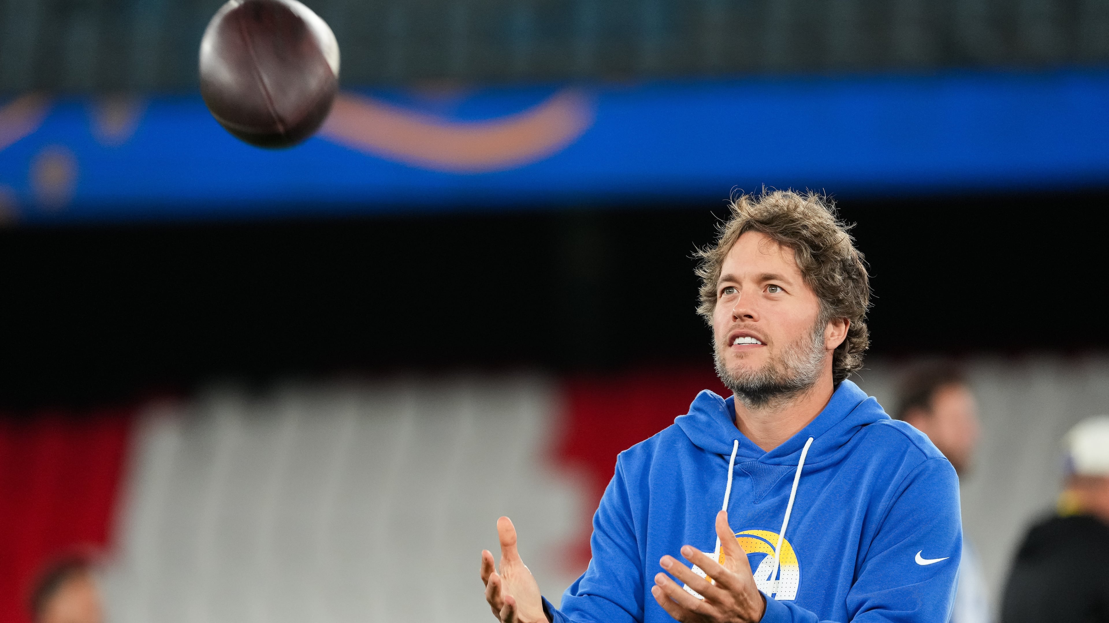 Los Angeles Rams quarterback Matthew Stafford, works out during a practice session for an NFL football game against the San Francisco 49ers., in Melbourne, Australia, Thursday, Sept. 10, 2026.(AP Photo/Asanka Brendon Ratnayake)