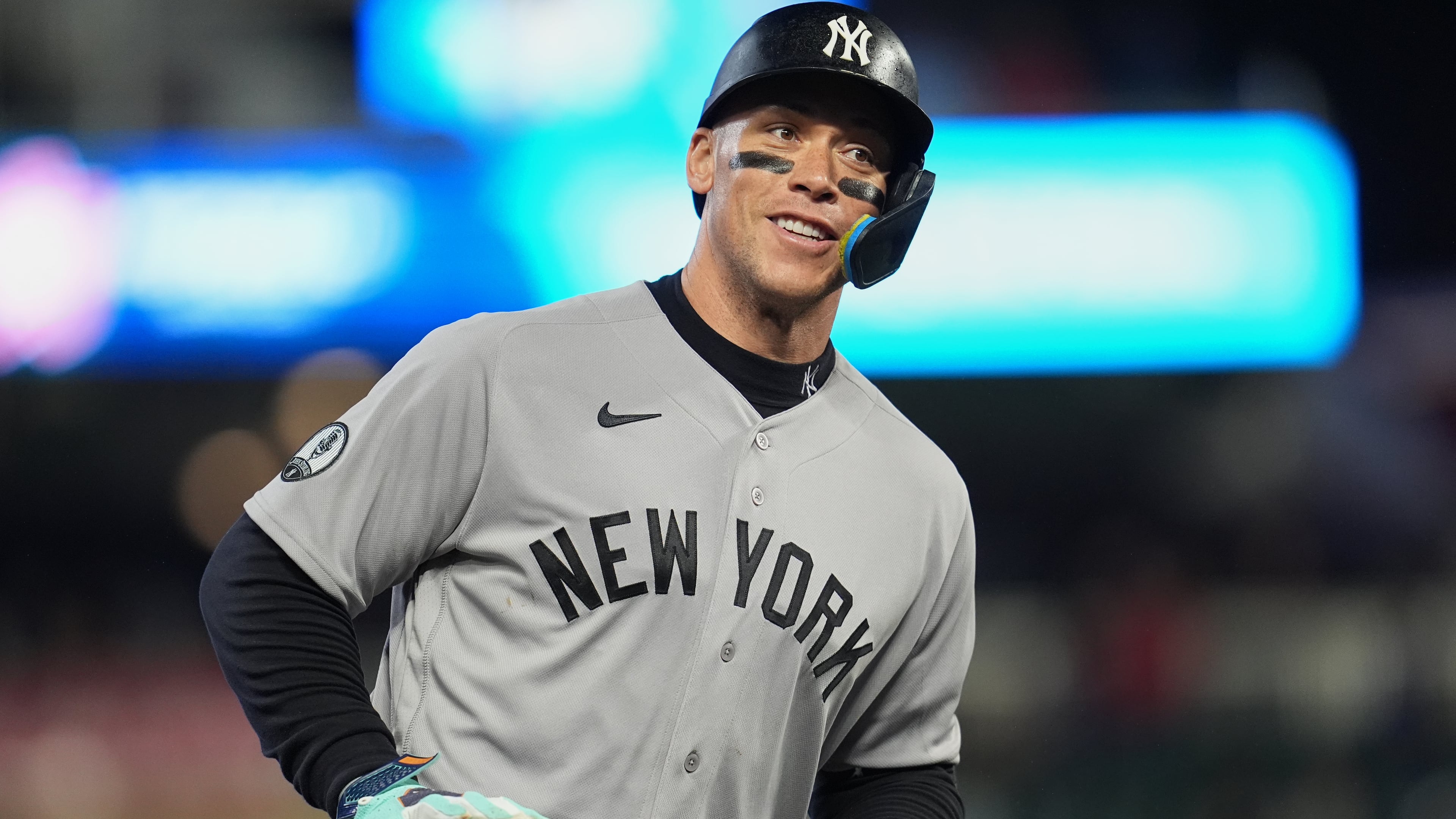New York Yankees' Aaron Judge celebrates while running the bases after hitting a three-run home run during the eighth inning of a baseball game against the Minnesota Twins, Monday, Sept. 14, 2026, in Minneapolis. (AP Photo/Abbie Parr)