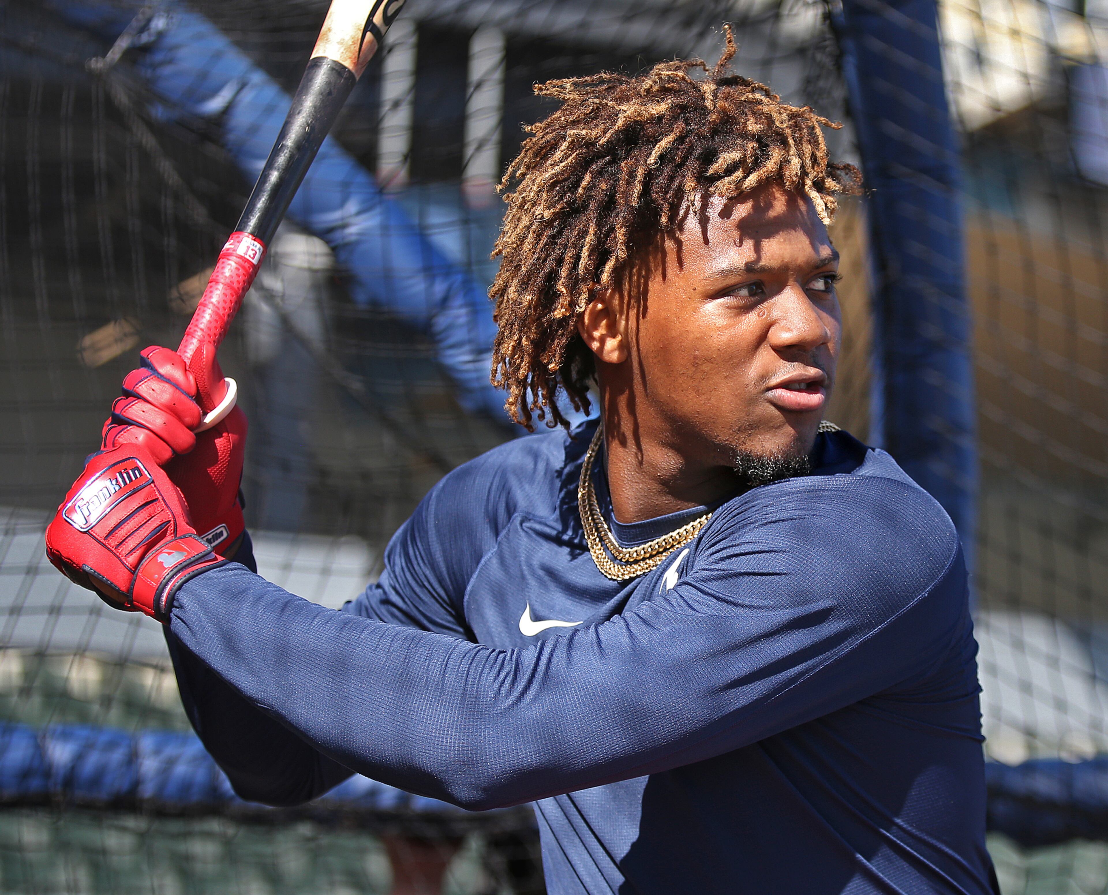 Braves outfielder Ronald Acuna Jr. takes batting practice in CoolToday Park during spring training on Saturday, Feb. 15, 2020, in North Port. Curtis Compton ccompton@ajc.com