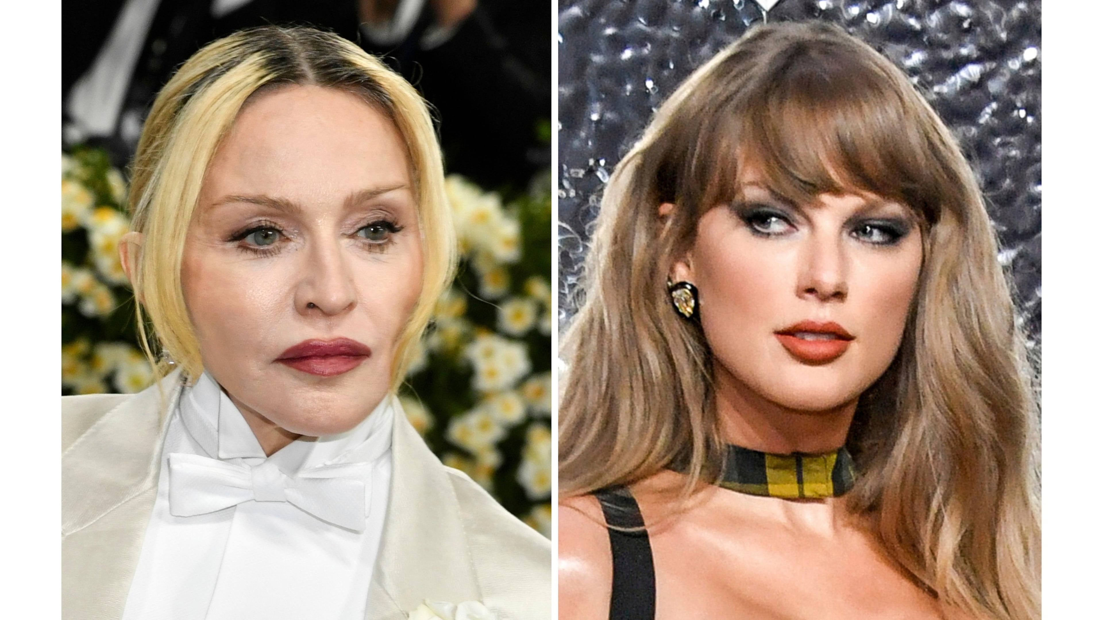 Madonna appears at The Metropolitan Museum of Art's Costume Institute benefit gala in New York on May 5, 2025, left, and Taylor Swift appears at the MTV Video Music Awards in Elmont, N.Y., on Sept. 11, 2024. (Photos by Evan Agostini/Invision/AP, File)