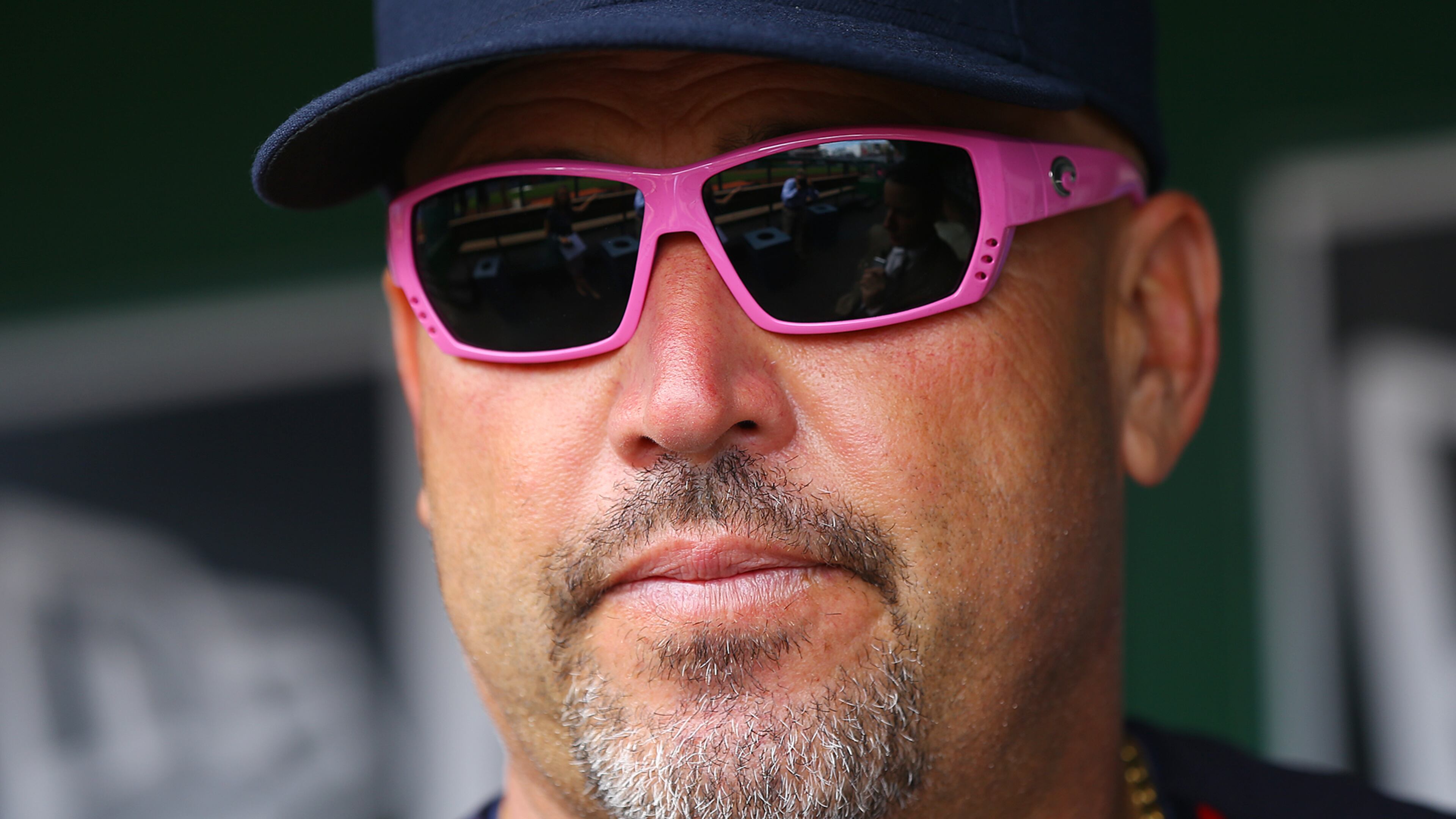 Braves Manager Fredi Gonzalez sports pink sunglasses as MLB continues the cancer fight on Mother's Day during a baseball game against the Nationals on Sunday, May 10, 2015, at Nationals Park in Washington, D.C. Curtis Compton / ccompton@ajc.com