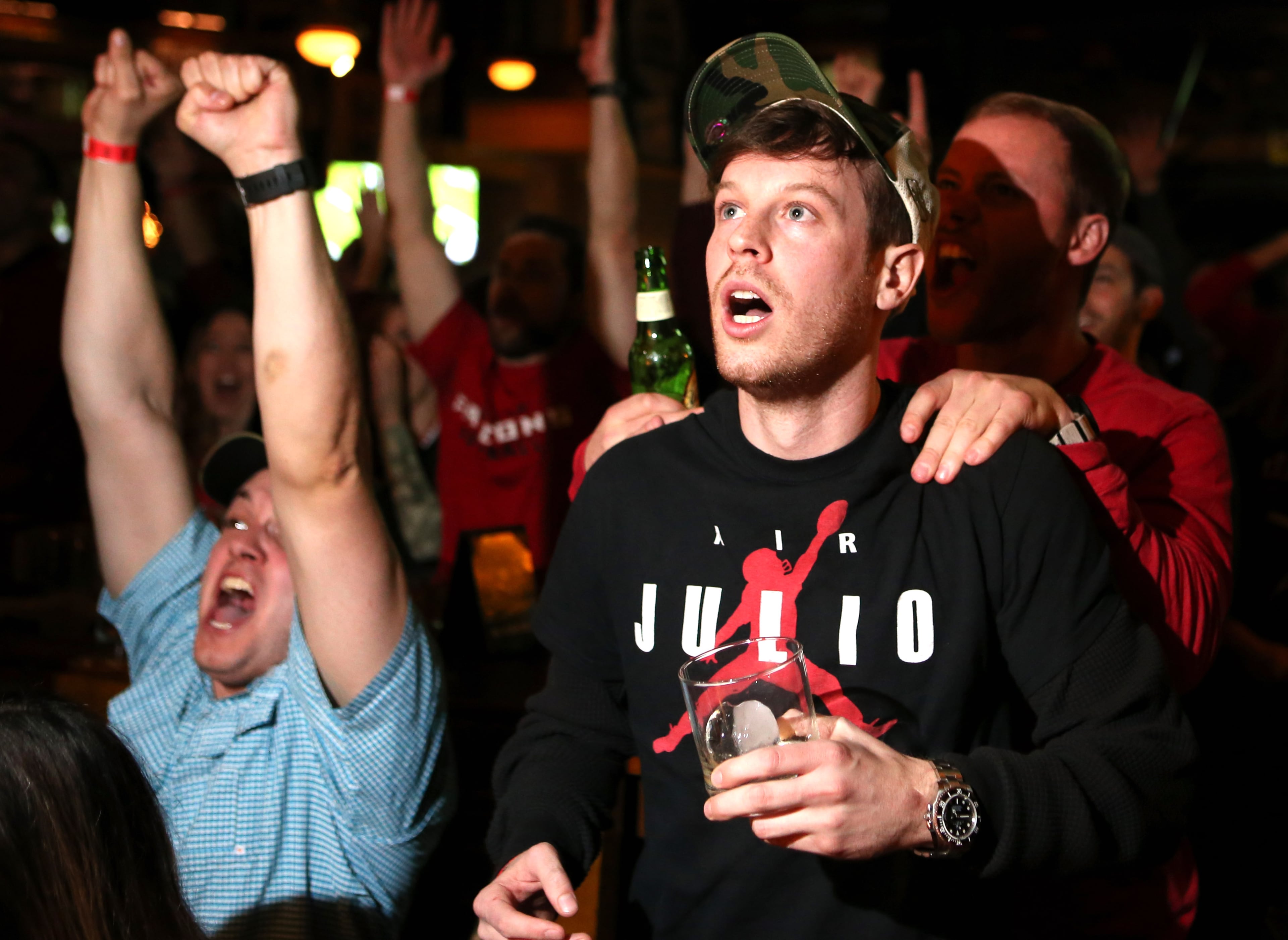 February 5, 2017, Atlanta, Georgia - Sean Swingruber cheers on the Atlanta Falcons at Fado Irish Pub as they play in Super Bowl LI in Atlanta, Georgia, on Sunday, February 5, 2017. (HENRY TAYLOR / HENRY.TAYLOR@AJC.COM)