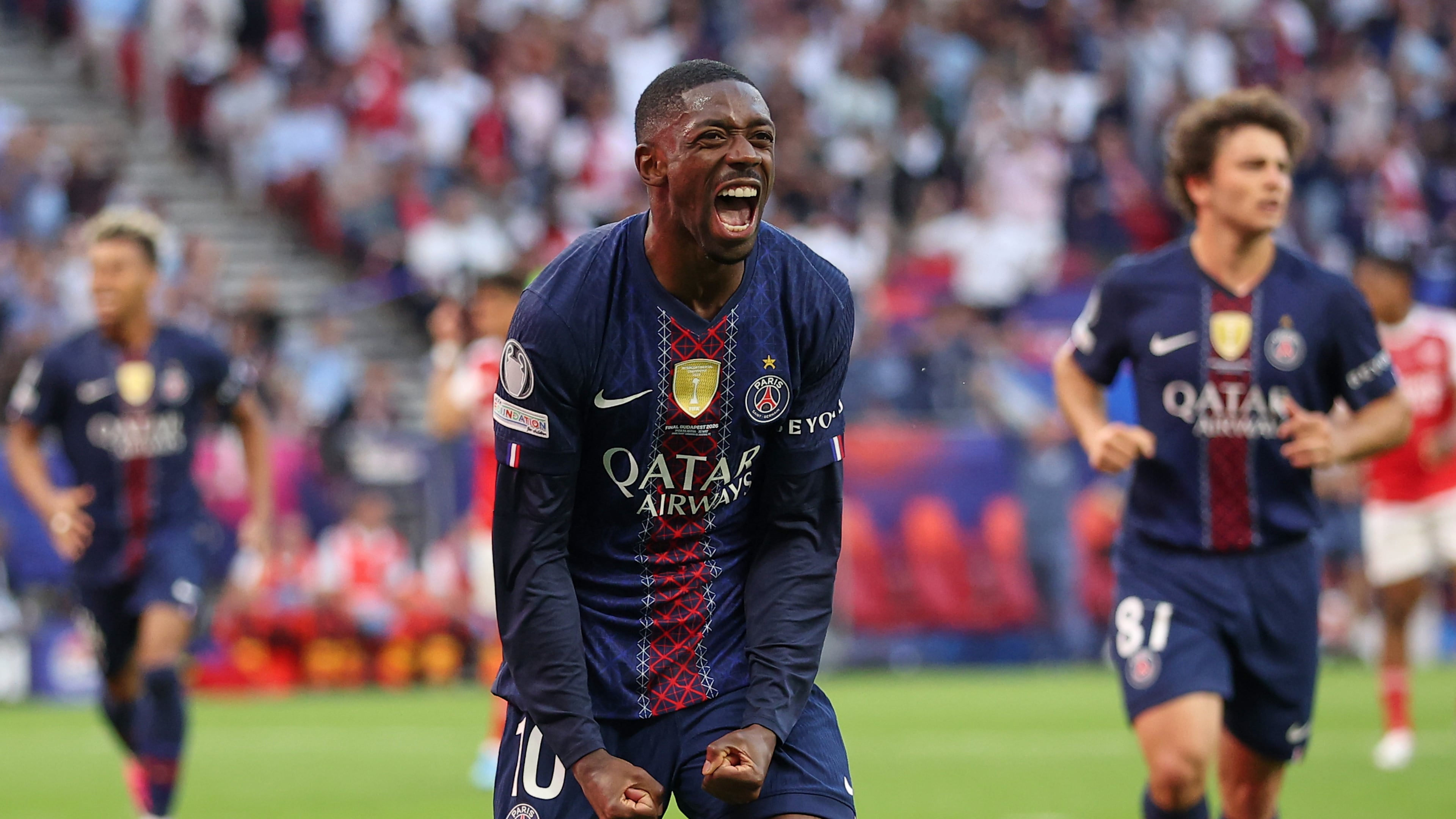 PSG's Ousmane Dembele celebrates after scoring from a penalty kick during the Champions League final soccer match between Paris Saint-Germain and Arsenal in Budapest, Hungary, Saturday, May 30, 2026. AP Photo/Armin Durgut)