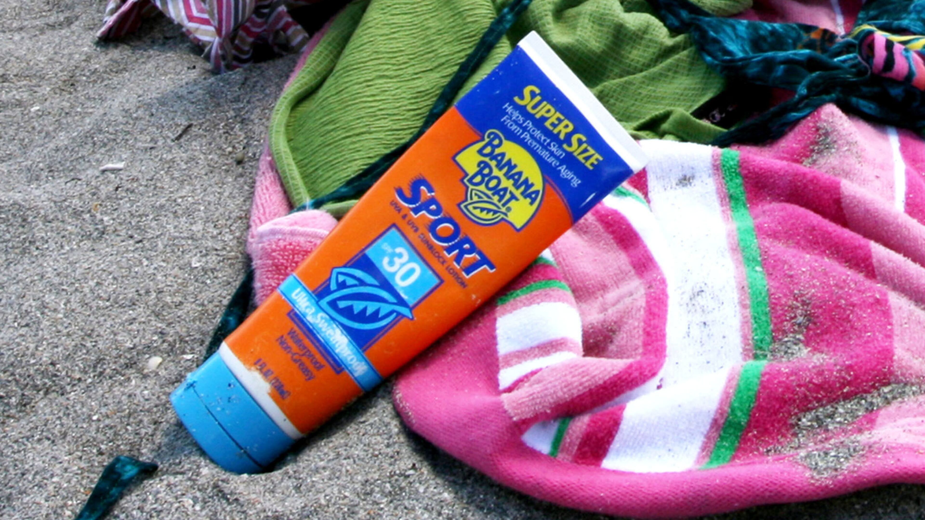 A tube of sunscreen on the beach in Hollywood, Florida, in 2007. Bloomberg photo by Emily Harris.