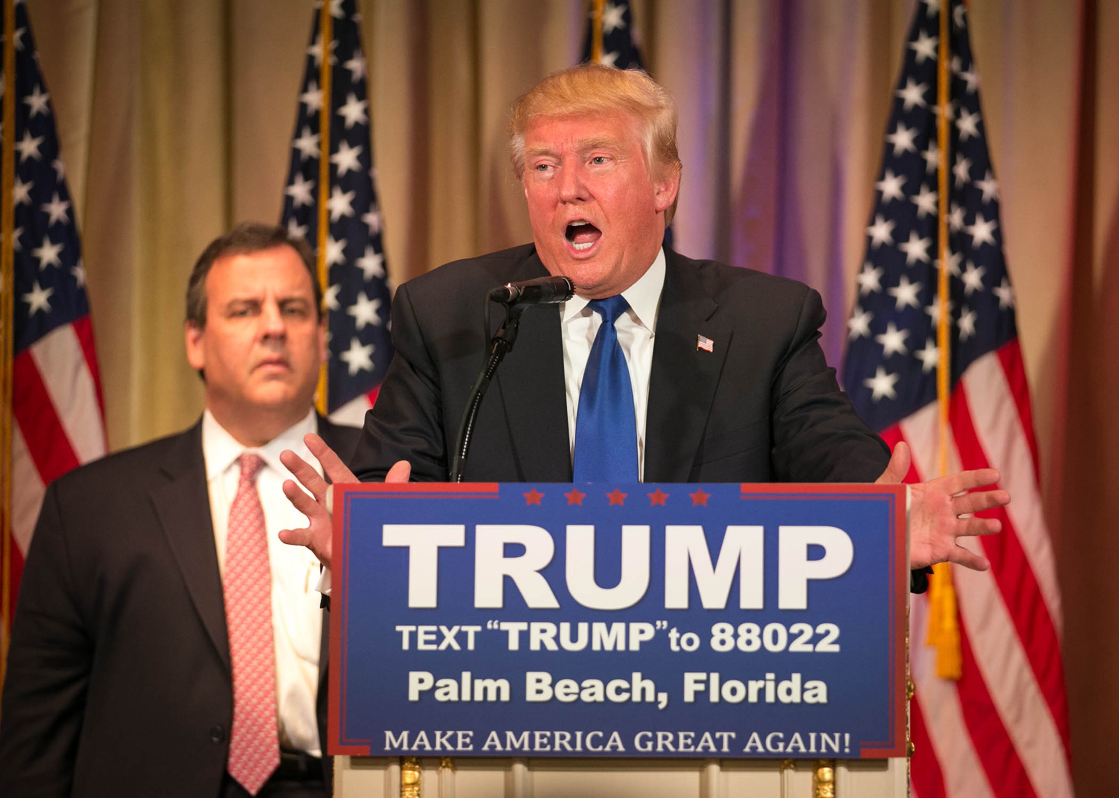 Donald J. Trump Super Tuesday Press Conference at Mar-A-Lago in Palm Beach, Florida on March 1, 2016. (Allen Eyestone / The Palm Beach Post)