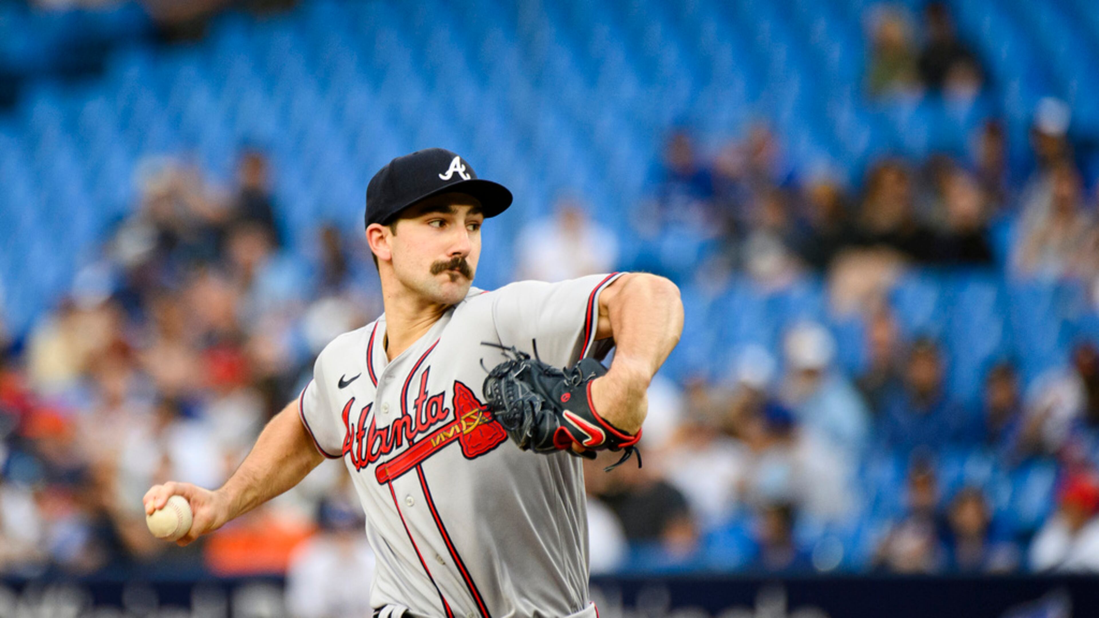 Atlanta Braves starting pitcher Spencer Strider throws against the Toronto Blue Jays during first-inning baseball game action in Toronto, Friday, May 12, 2023. (Christopher Katsarov/The Canadian Press via AP)
