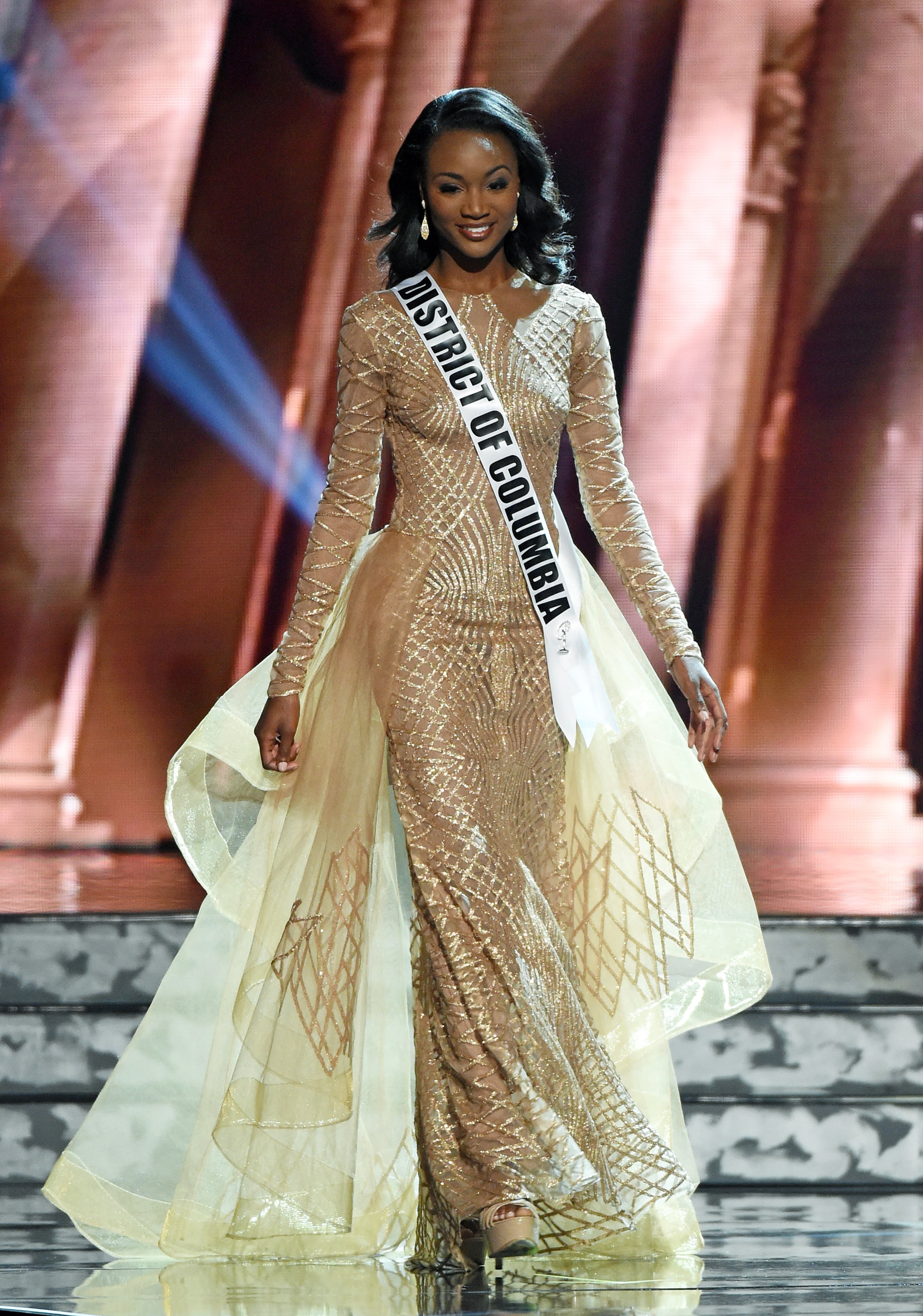 LAS VEGAS, NV - JUNE 01: Miss District of Columbia USA Deshauna Barber competes in the evening gown competition during the 2016 Miss USA pageant preliminary competition at T-Mobile Arena on June 1, 2016 in Las Vegas, Nevada. The 2016 Miss USA will be crowned on June 5 in Las Vegas. (Photo by Ethan Miller/Getty Images)