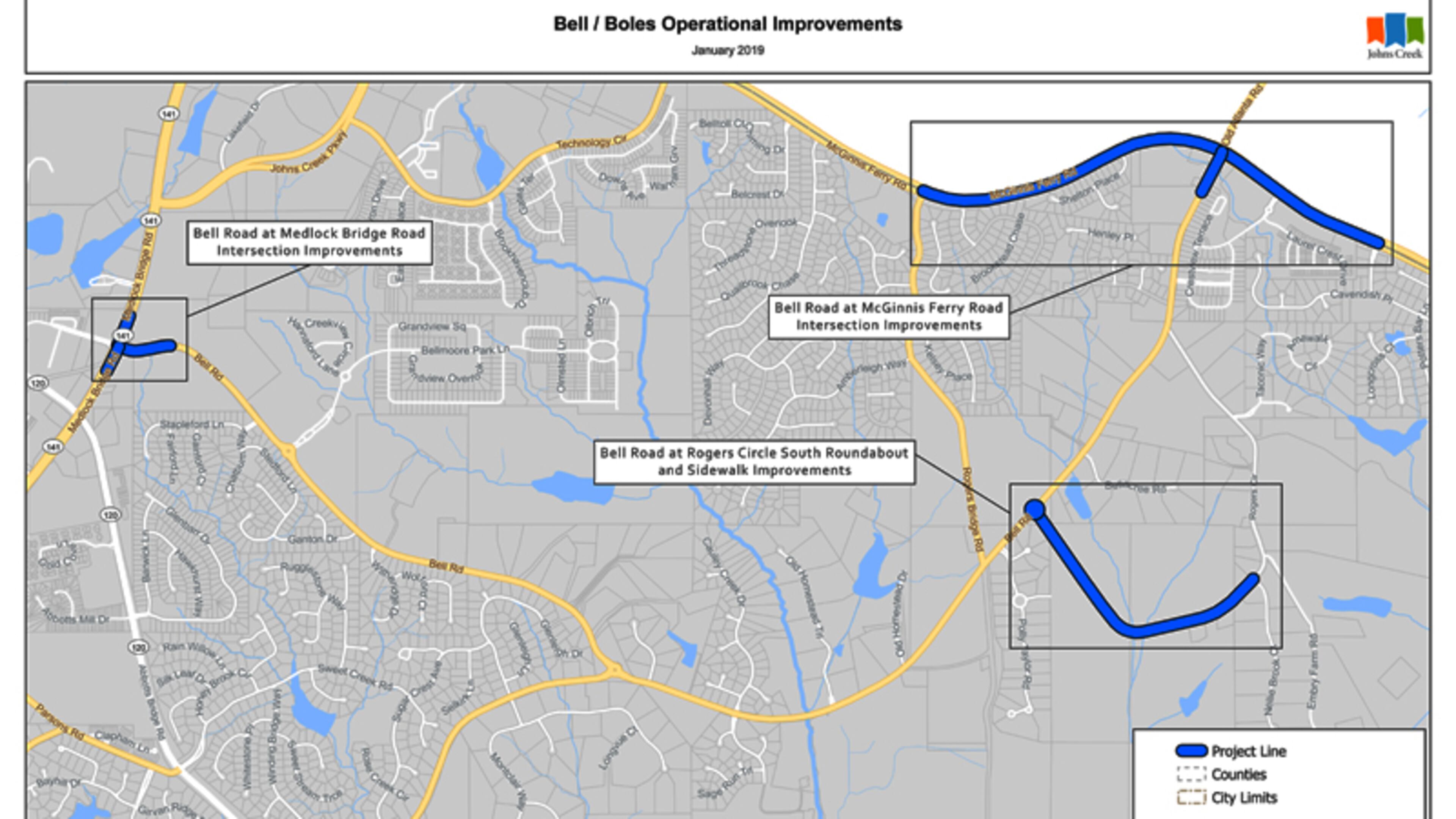 Johns Creek has budgeted up to $755,000 to acquire right-of-way for three highway improvement projects along Bell Road. CITY OF JOHNS CREEK